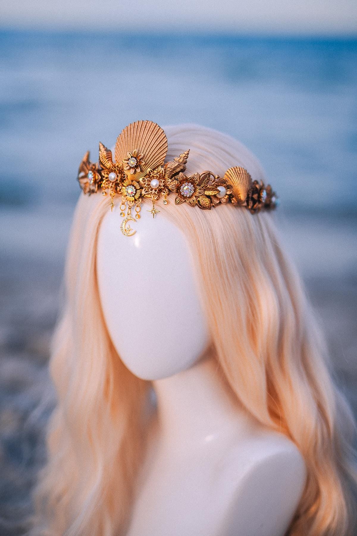 Seashell Moon Bridal Tiara Gold Beach Wedding Crown Celestial Bride Headpiece