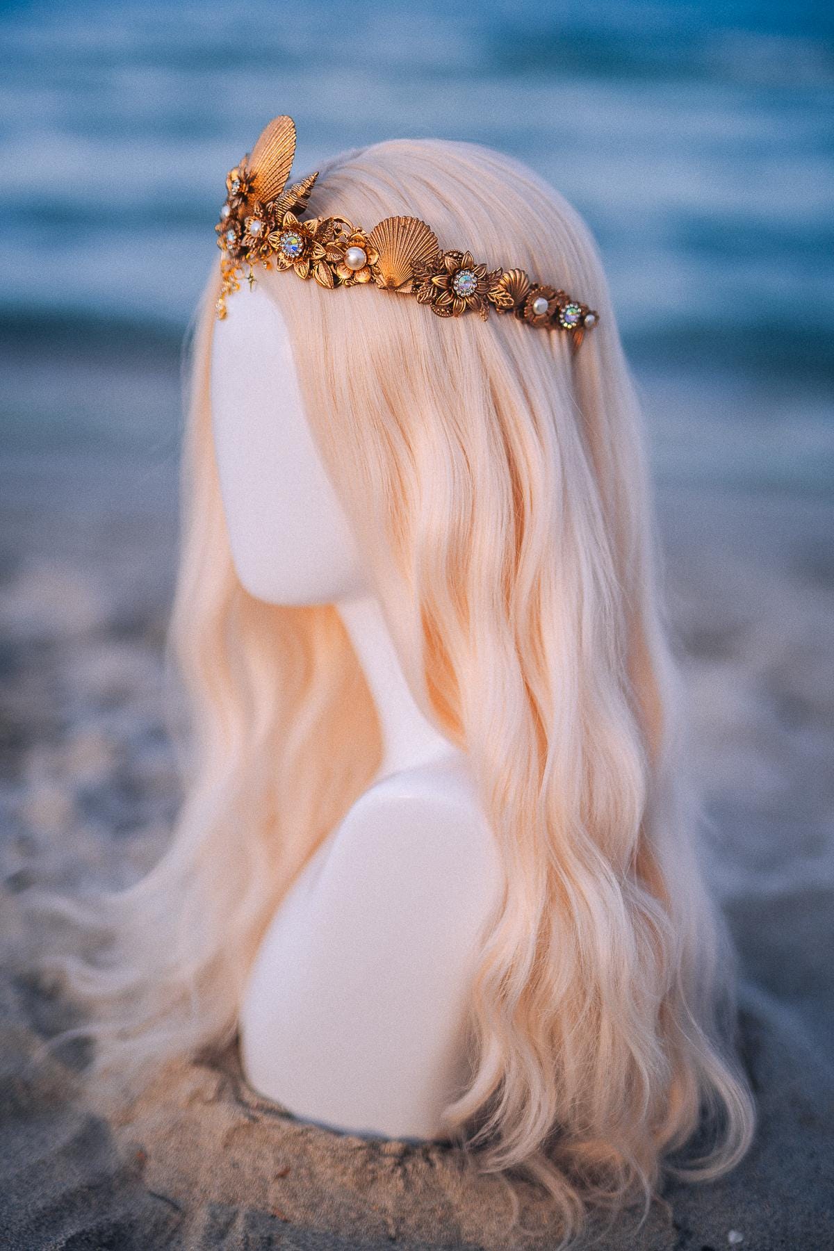 Seashell Moon Bridal Tiara Gold Beach Wedding Crown Celestial Bride Headpiece