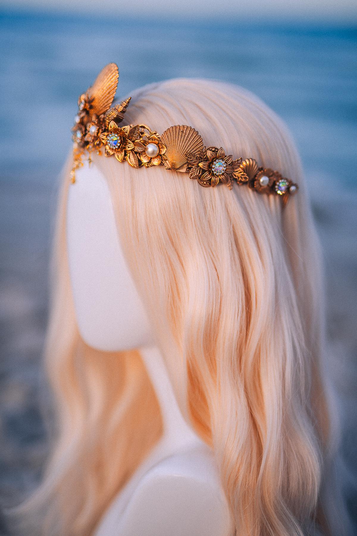 Seashell Moon Bridal Tiara Gold Beach Wedding Crown Celestial Bride Headpiece