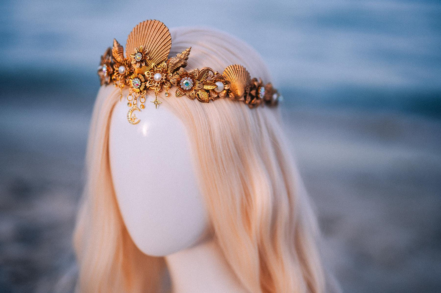 Seashell Moon Bridal Tiara Gold Beach Wedding Crown Celestial Bride Headpiece