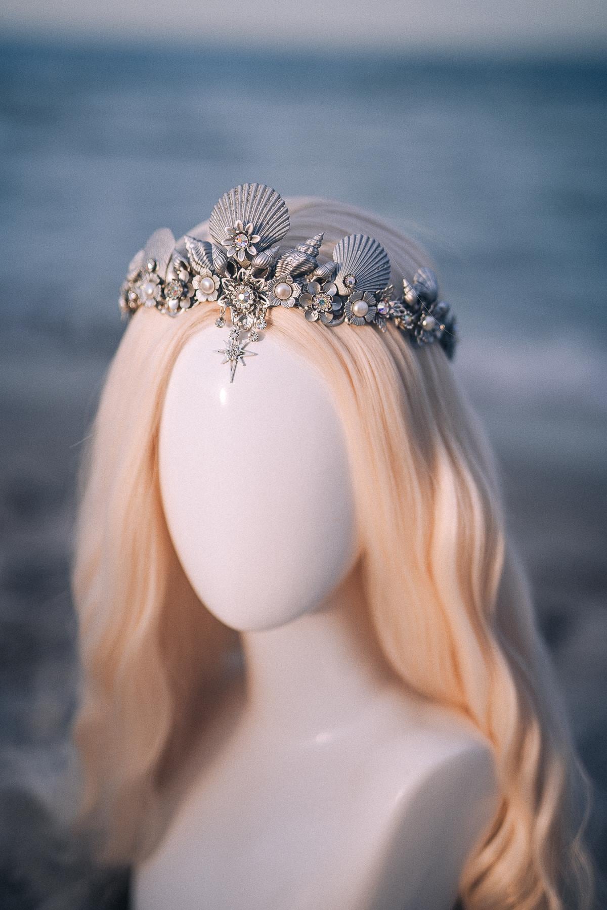 Silver Seashell Bridal Tiara Coastal Wedding Crown Celestial Bride Headpiece
