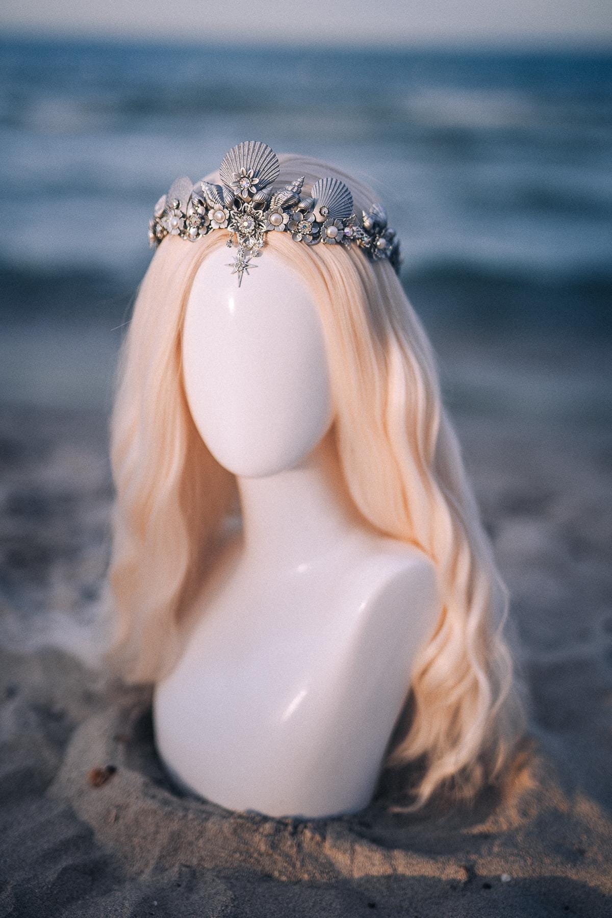 Silver Seashell Bridal Tiara Coastal Wedding Crown Celestial Bride Headpiece