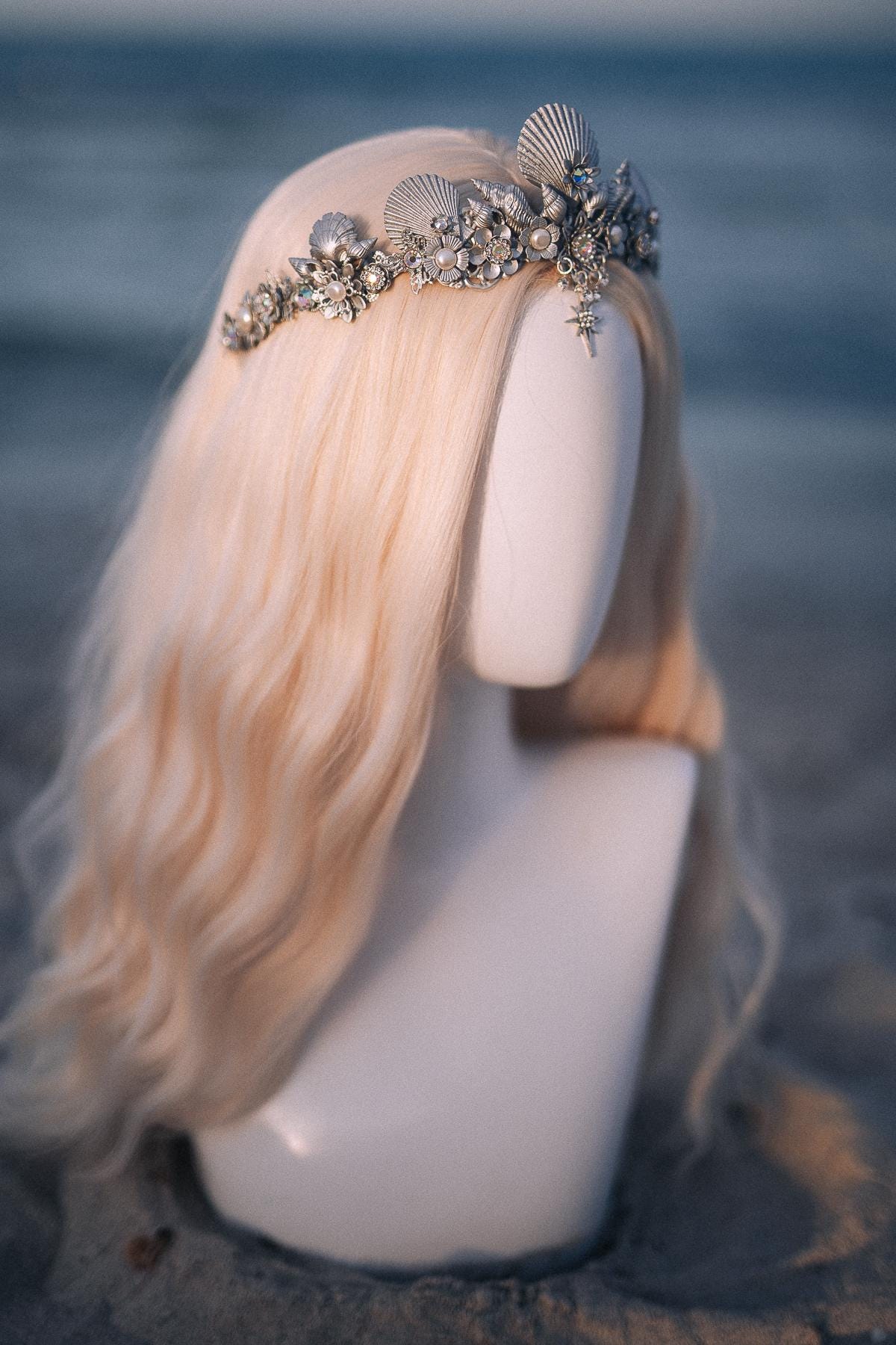 Silver Seashell Bridal Tiara Coastal Wedding Crown Celestial Bride Headpiece