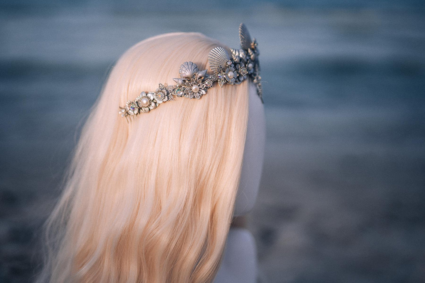 Silver Seashell Bridal Tiara Coastal Wedding Crown Celestial Bride Headpiece