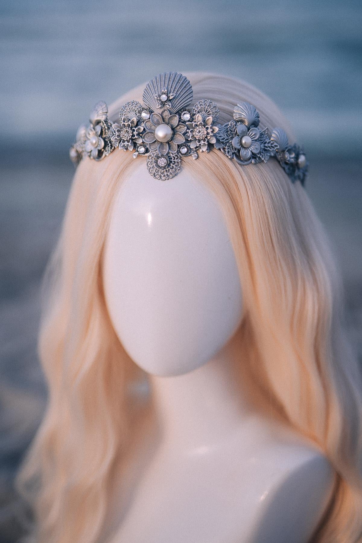 Silver Seashell Bridal Tiara Coastal Wedding Crown Pearl Headpiece