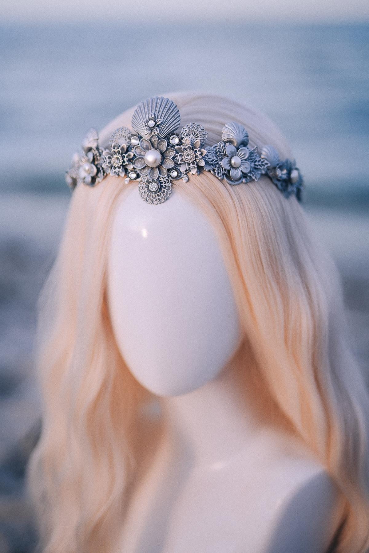 Silver Seashell Bridal Tiara Coastal Wedding Crown Pearl Headpiece