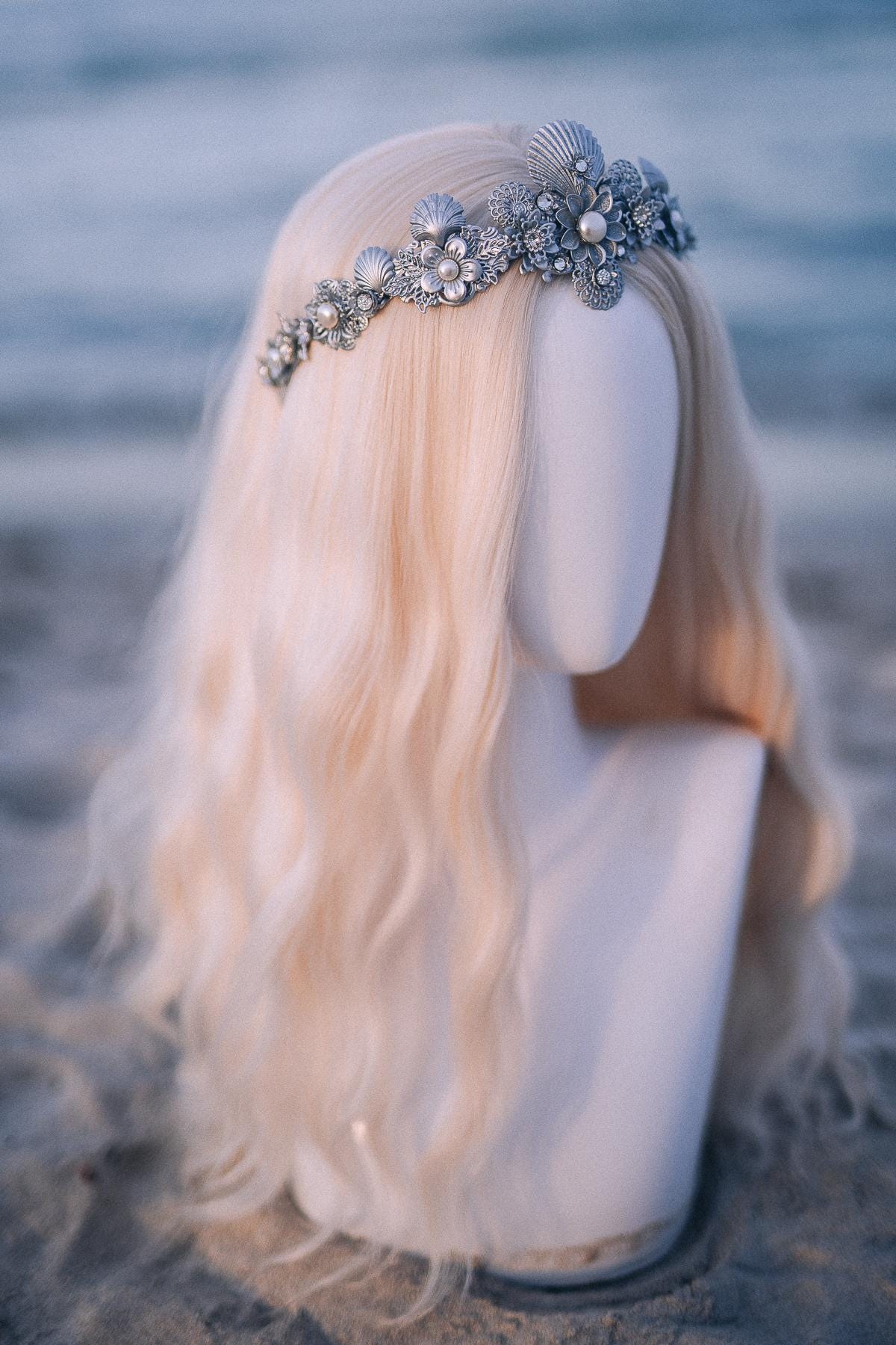 Silver Seashell Bridal Tiara Coastal Wedding Crown Pearl Headpiece