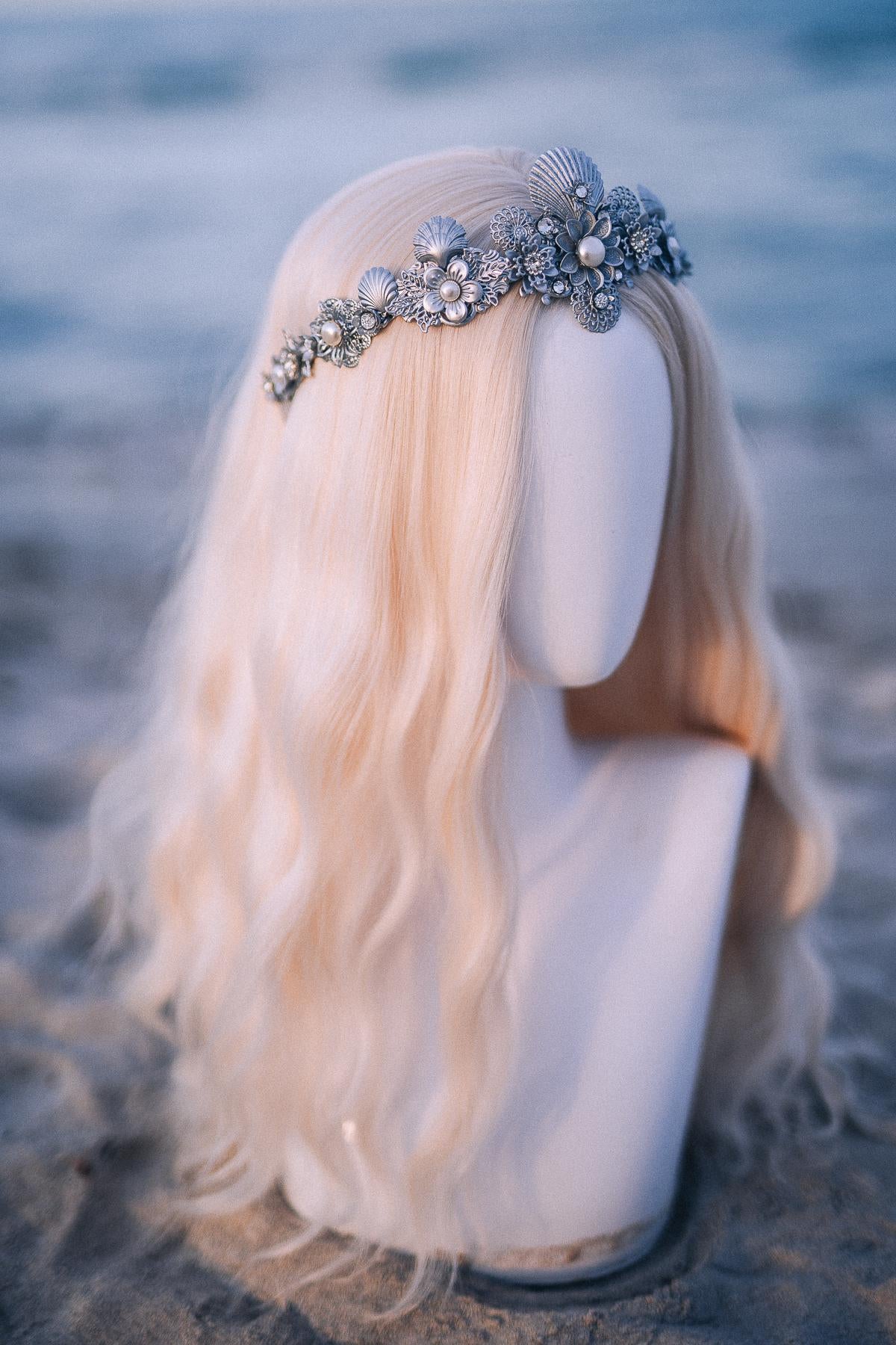 Silver Seashell Bridal Tiara Coastal Wedding Crown Pearl Headpiece