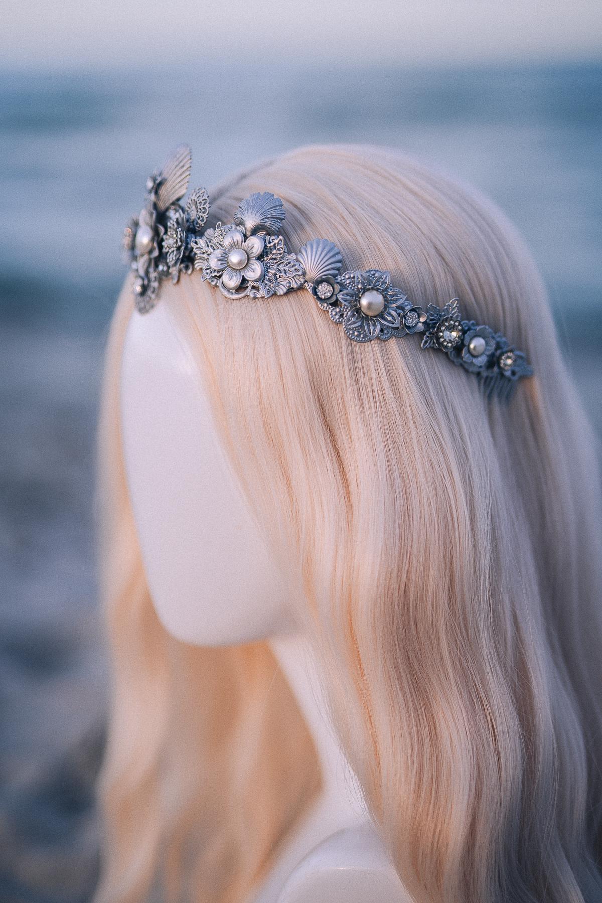 Silver Seashell Bridal Tiara Coastal Wedding Crown Pearl Headpiece