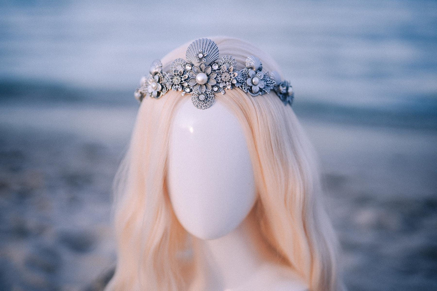 Silver Seashell Bridal Tiara Coastal Wedding Crown Pearl Headpiece
