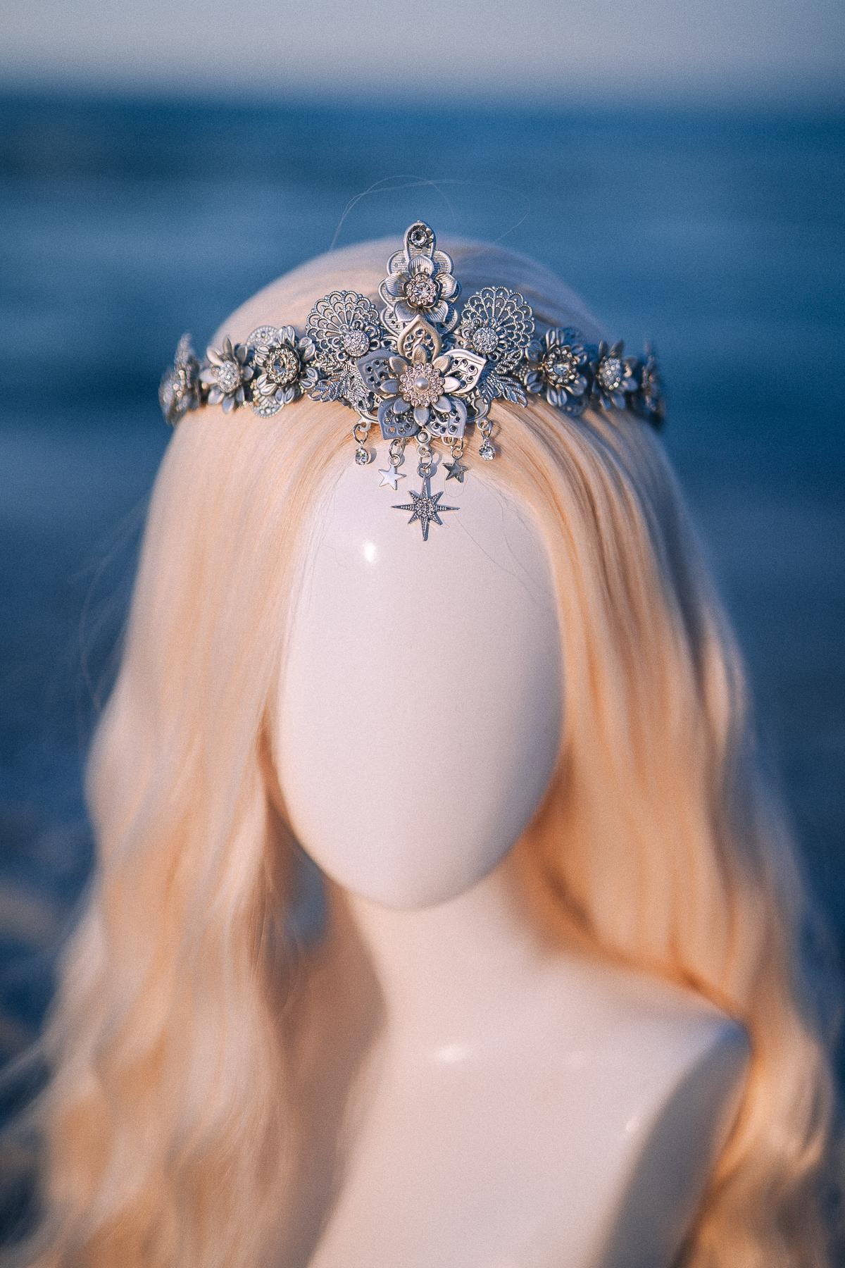 Silver Celestial Bridal Tiara Wedding Crown Star Bride Headpiece