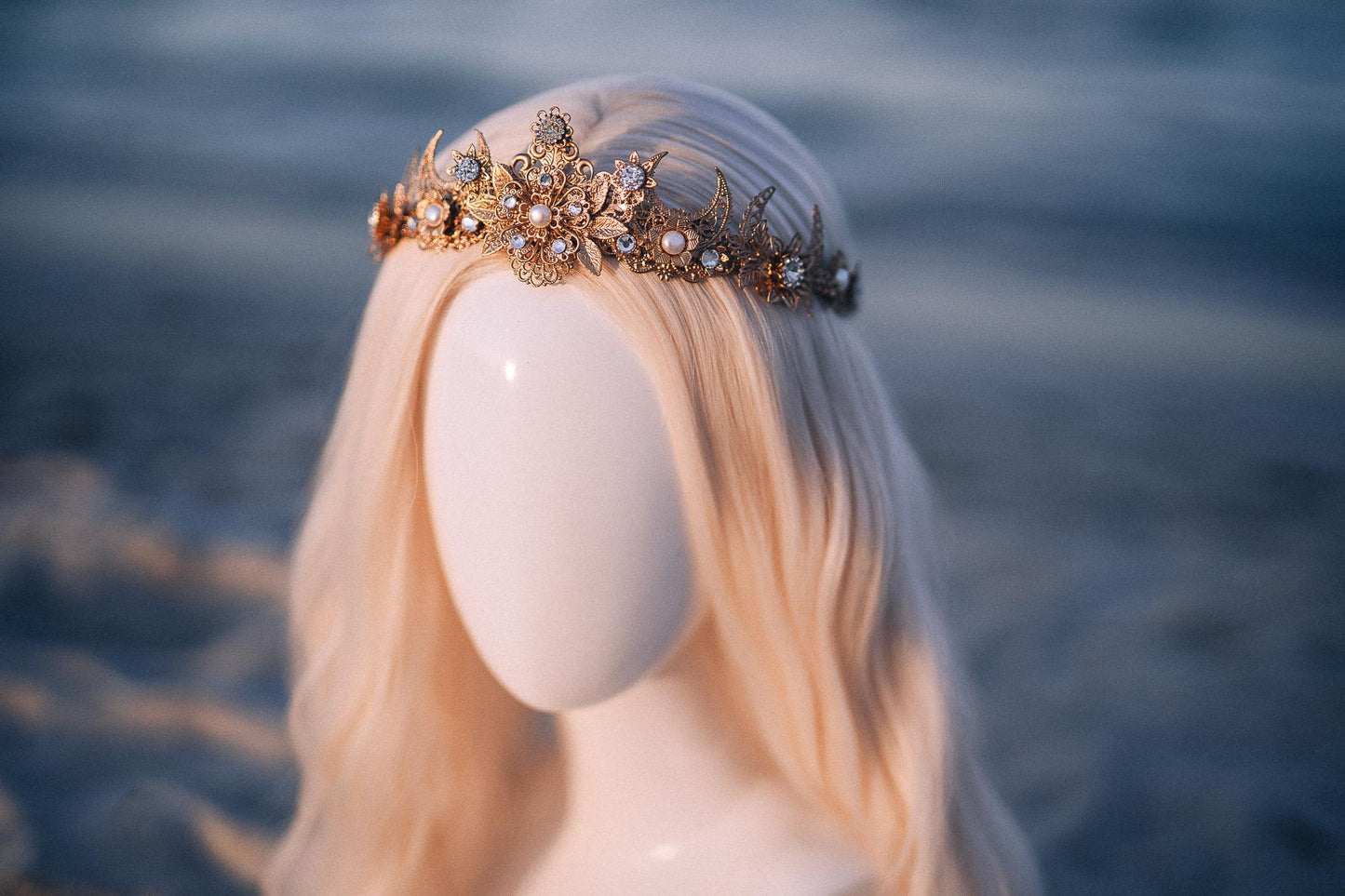 Gold Celestial Bridal Tiara Wedding Crown Moon Bride Headpiece
