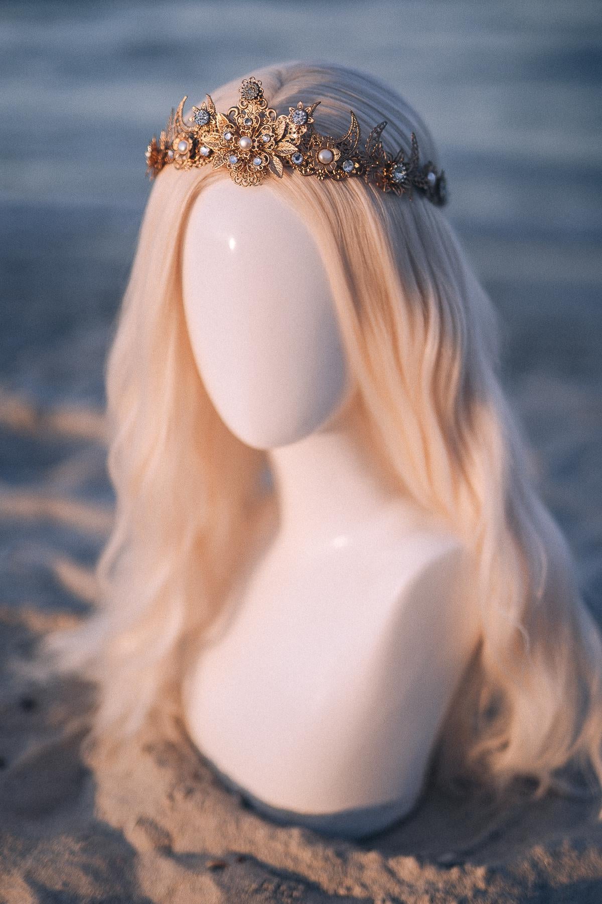 Gold Celestial Bridal Tiara Wedding Crown Moon Bride Headpiece