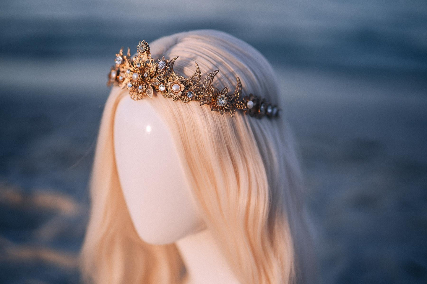 Gold Celestial Bridal Tiara Wedding Crown Moon Bride Headpiece