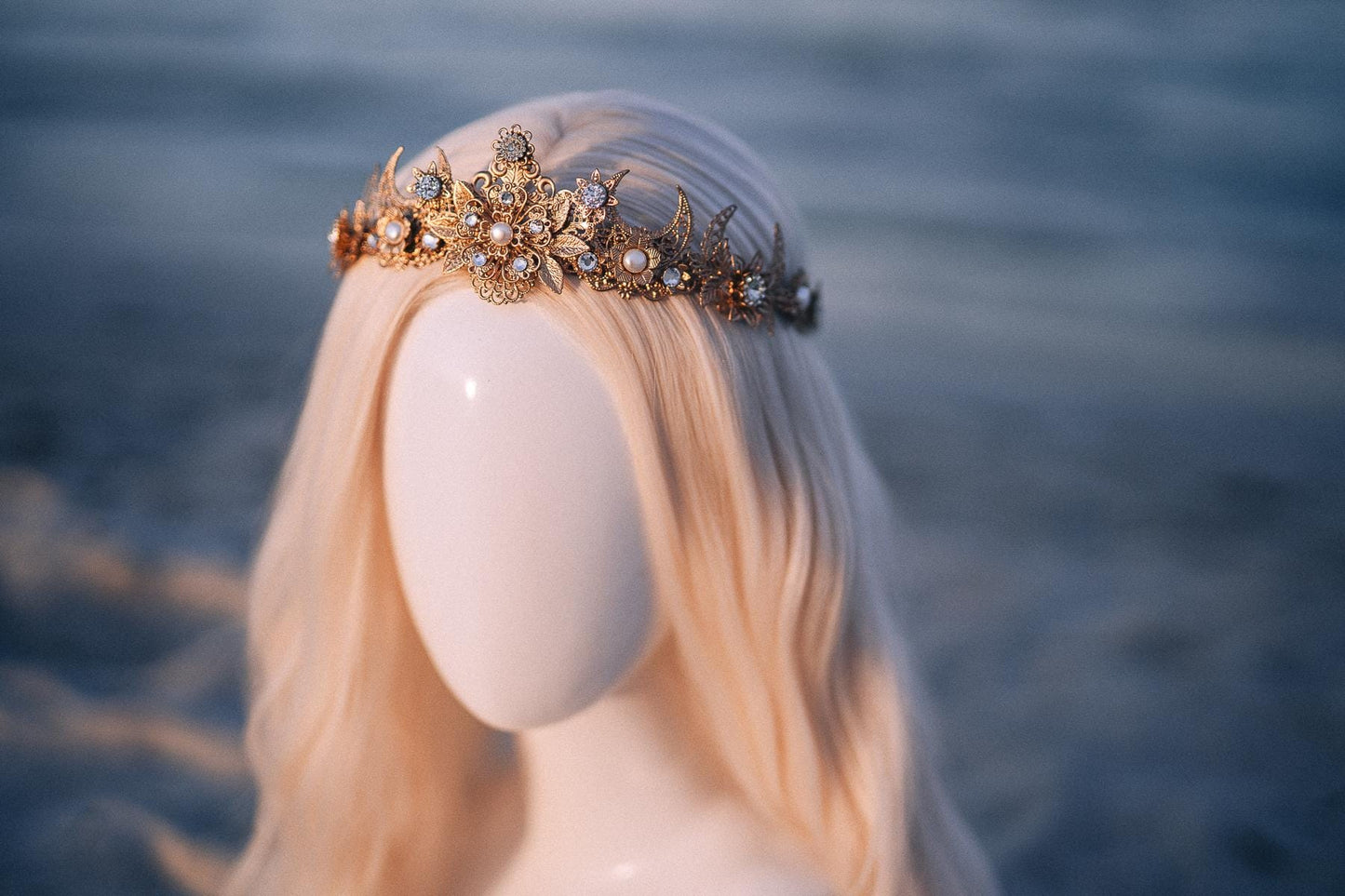 Gold Celestial Bridal Tiara Wedding Crown Moon Bride Headpiece