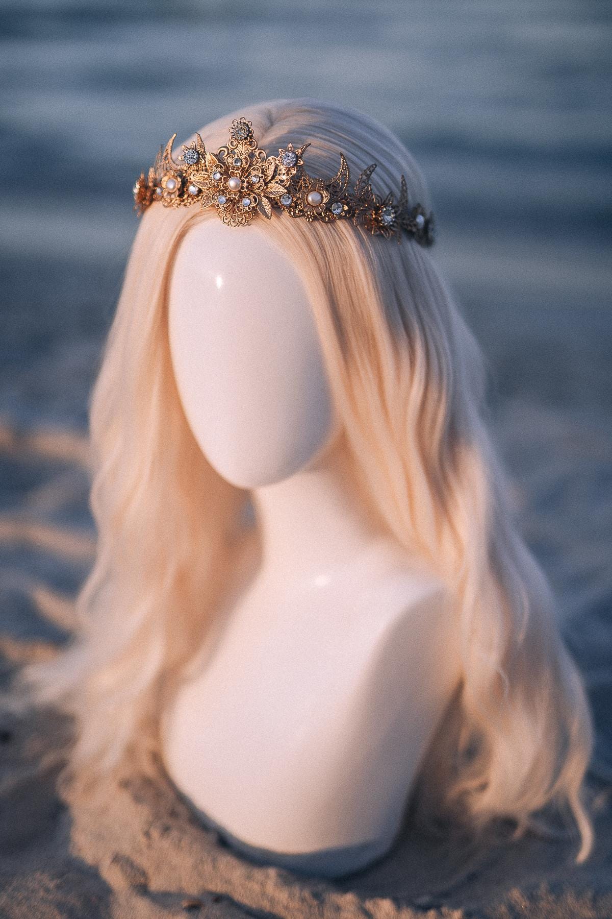 Gold Celestial Bridal Tiara Wedding Crown Moon Bride Headpiece