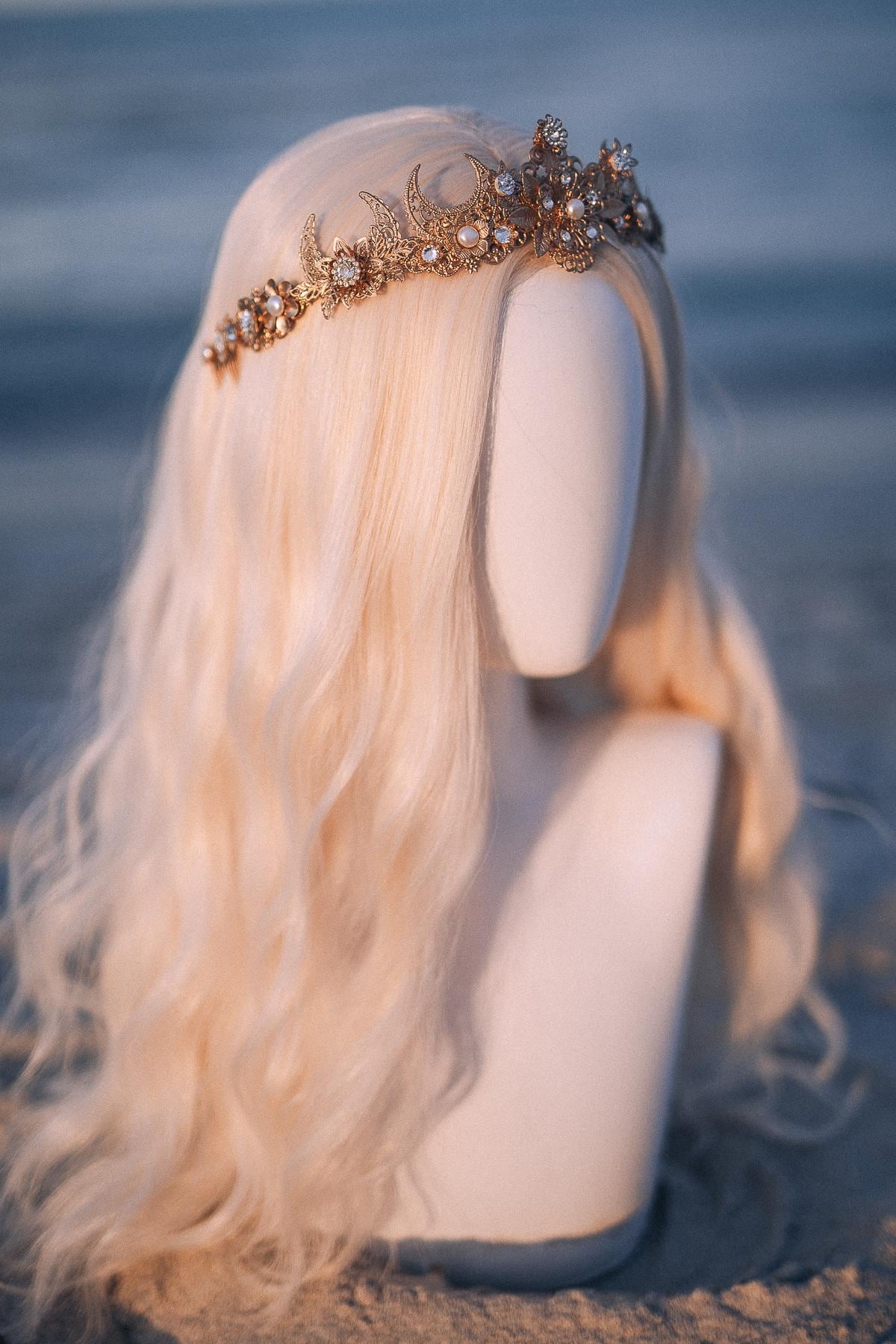 Gold Celestial Bridal Tiara Wedding Crown Moon Bride Headpiece