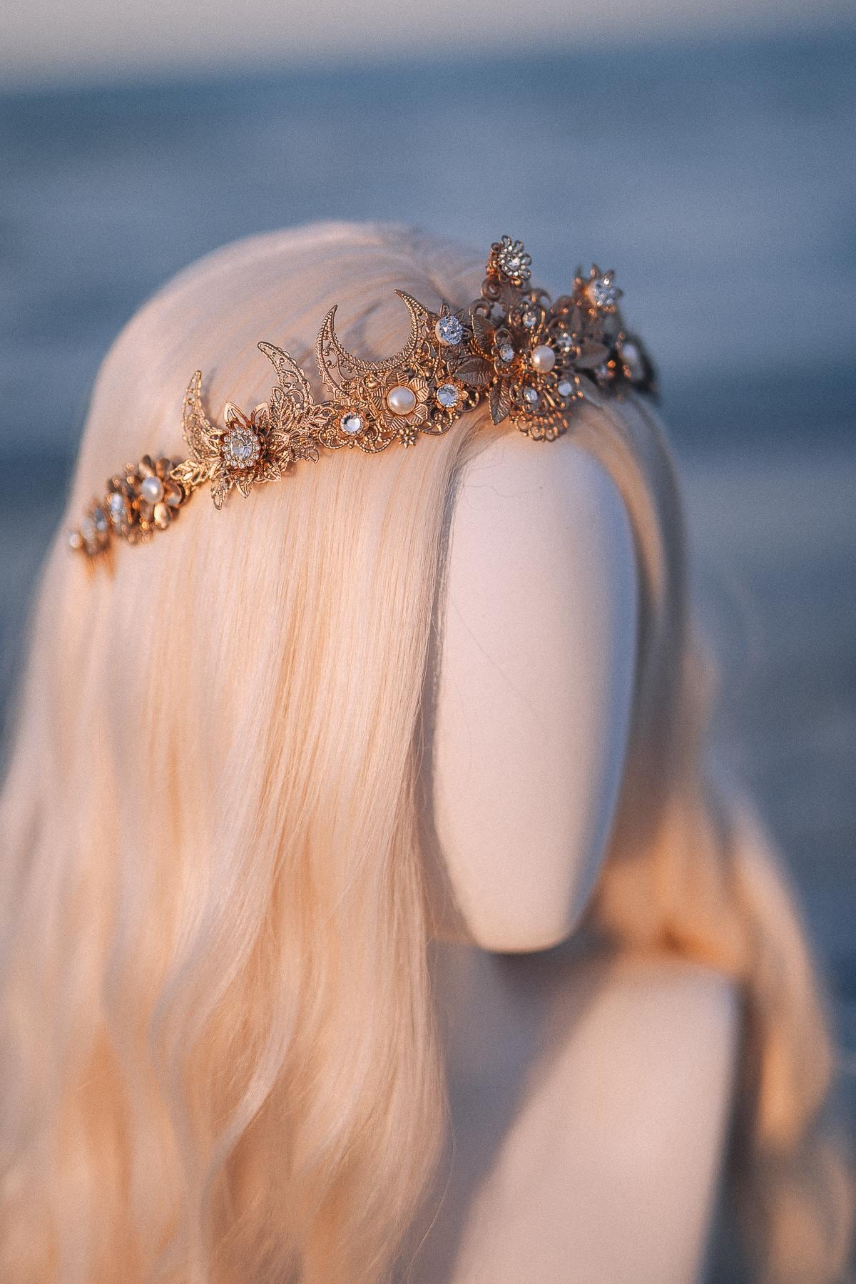 Gold Celestial Bridal Tiara Wedding Crown Moon Bride Headpiece