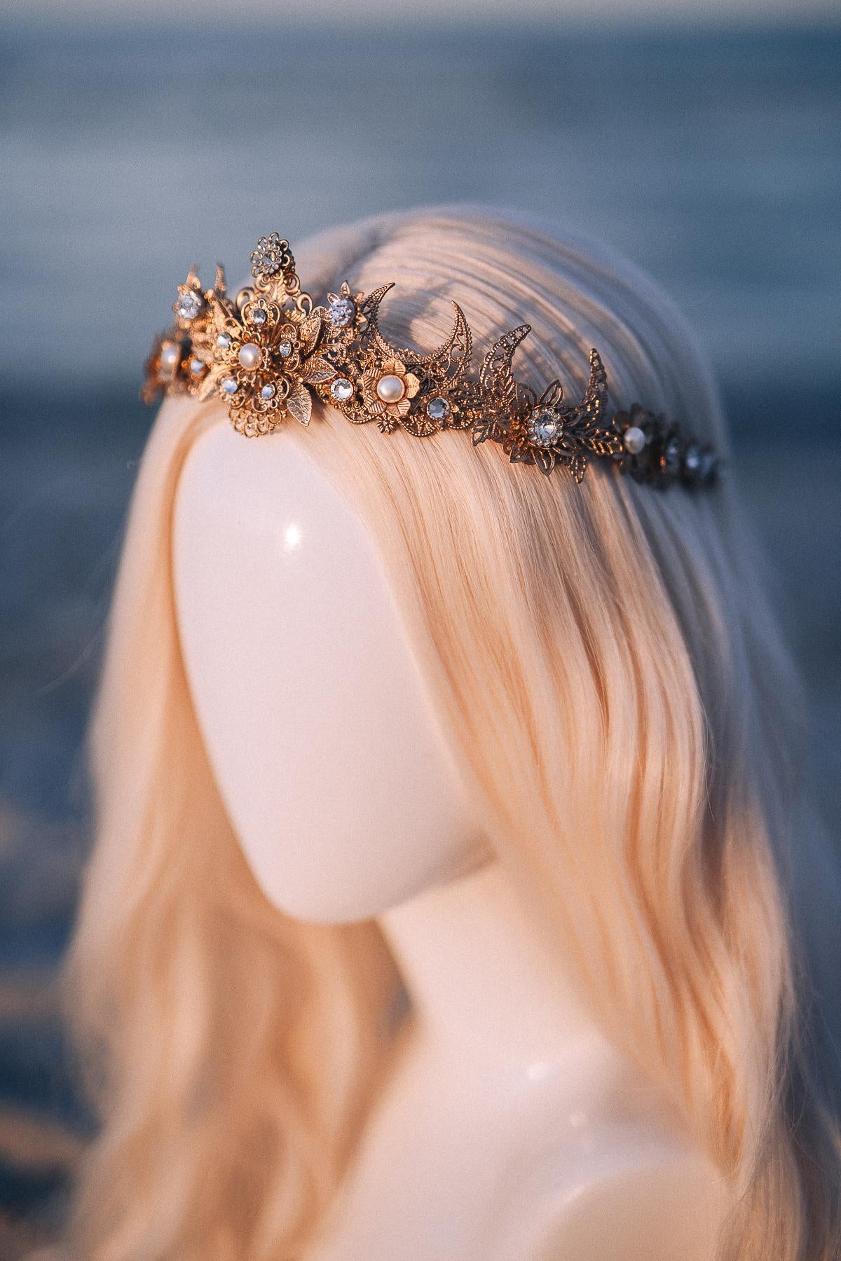 Gold Celestial Bridal Tiara Wedding Crown Moon Bride Headpiece