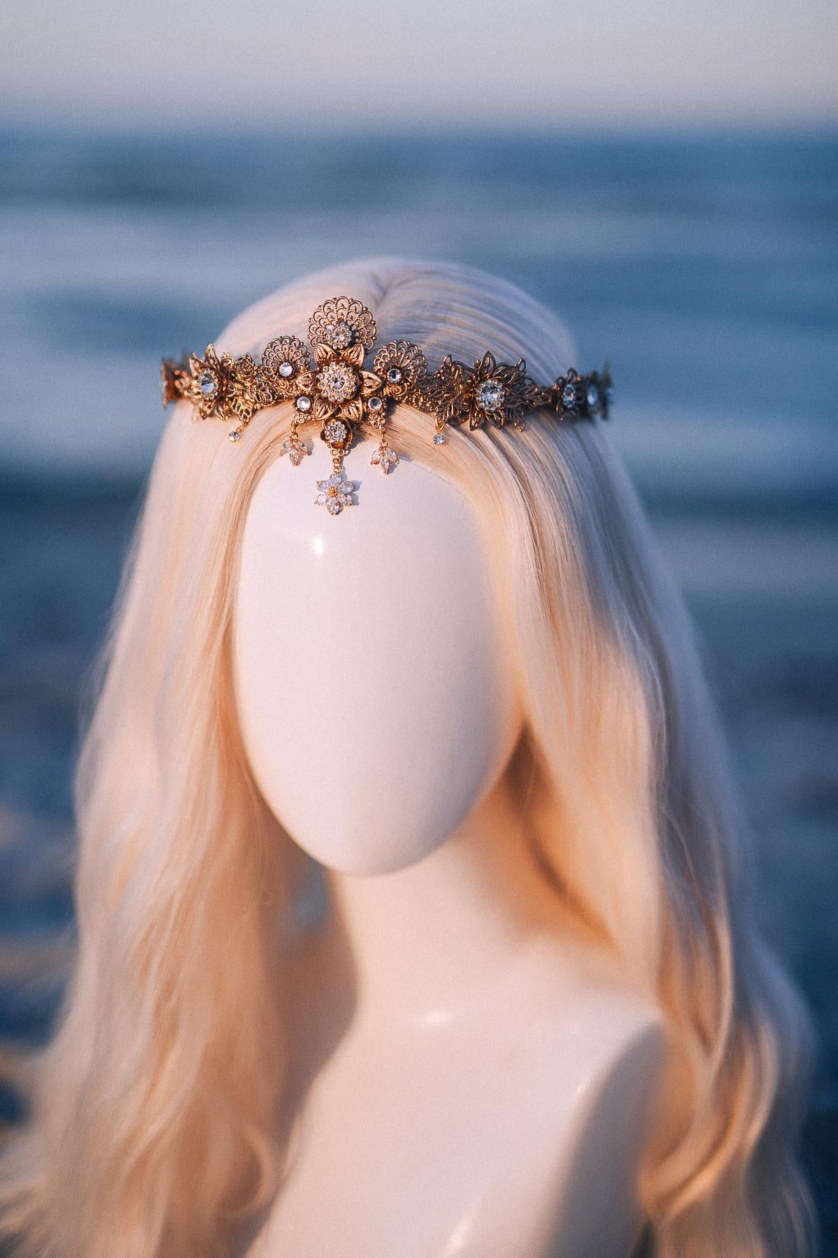 Gold Crystal Bridal Tiara Wedding Crown Luxury Bride Headpiece