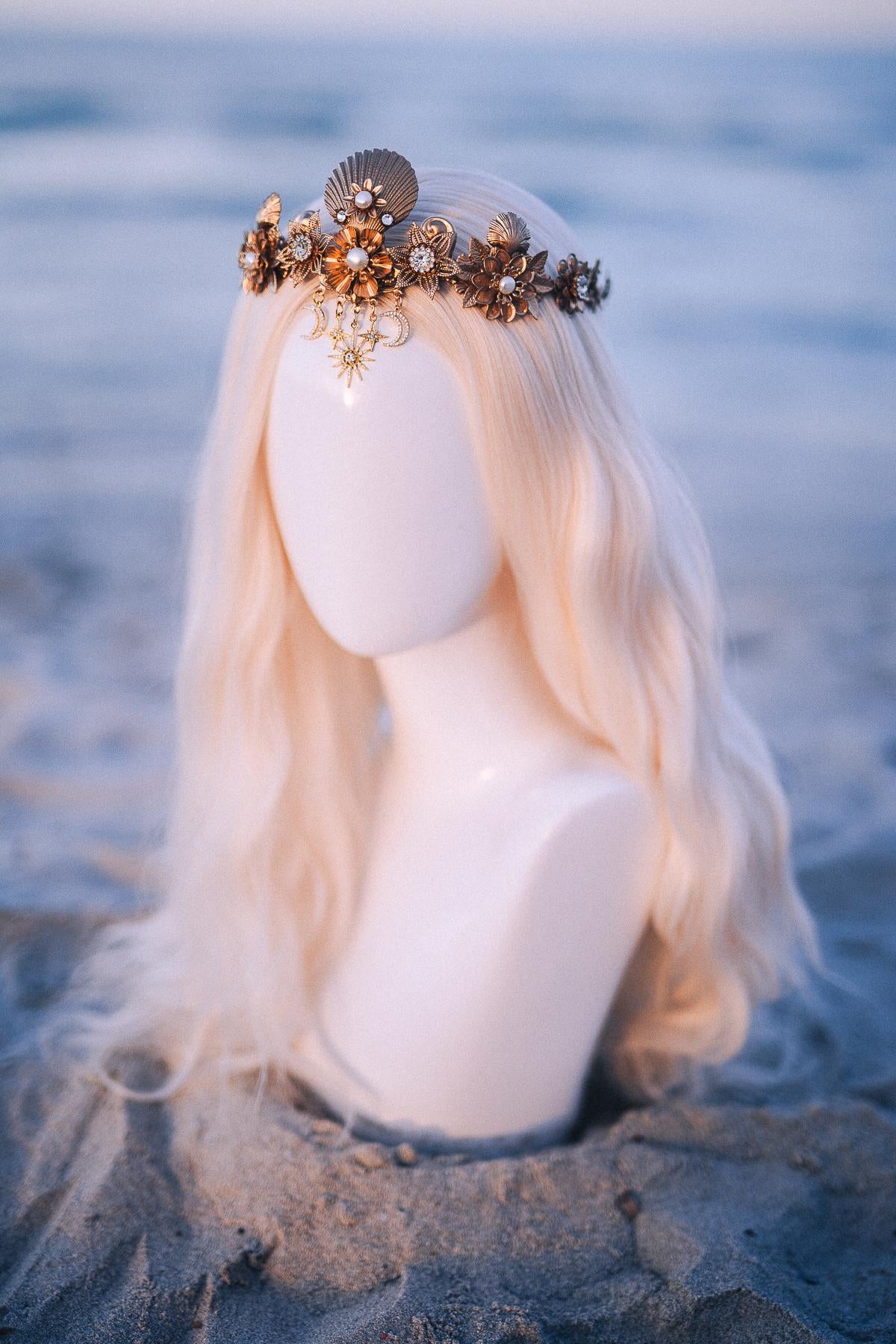 Celestial Seashell Bridal Tiara Gold Wedding Crown Moon Star Headpiece