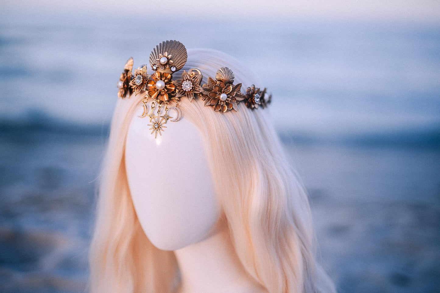 Celestial Seashell Bridal Tiara Gold Wedding Crown Moon Star Headpiece