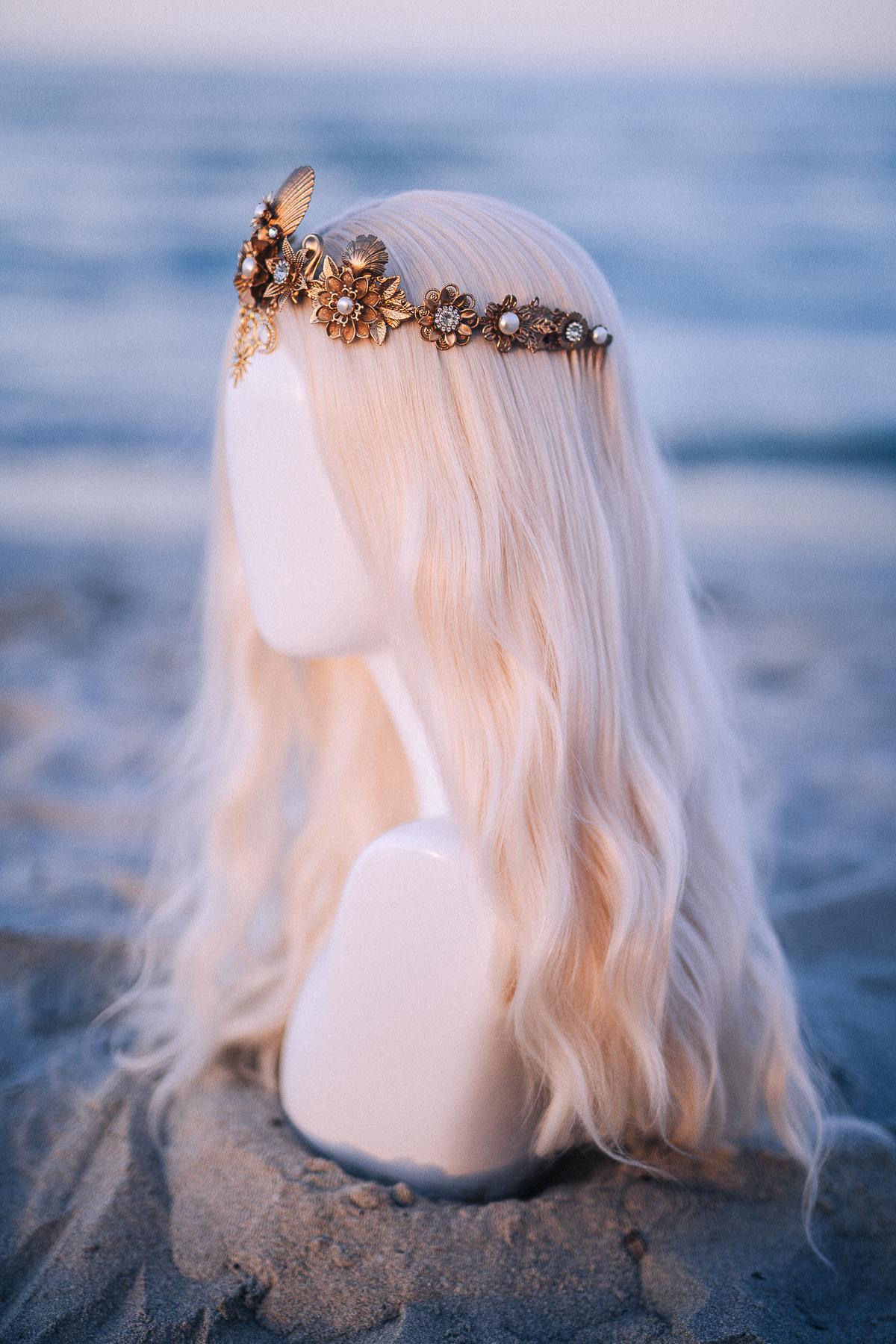Celestial Seashell Bridal Tiara Gold Wedding Crown Moon Star Headpiece