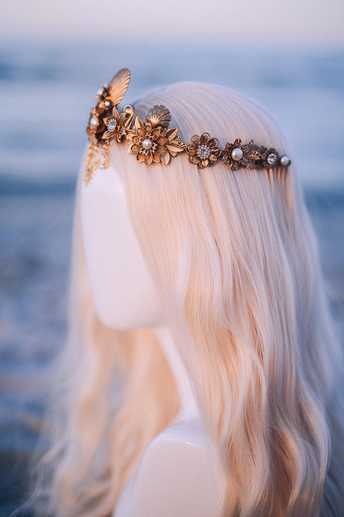 Celestial Seashell Bridal Tiara Gold Wedding Crown Moon Star Headpiece