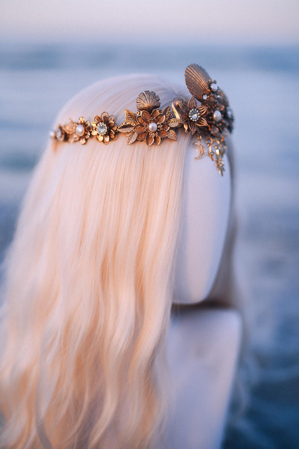 Celestial Seashell Bridal Tiara Gold Wedding Crown Moon Star Headpiece