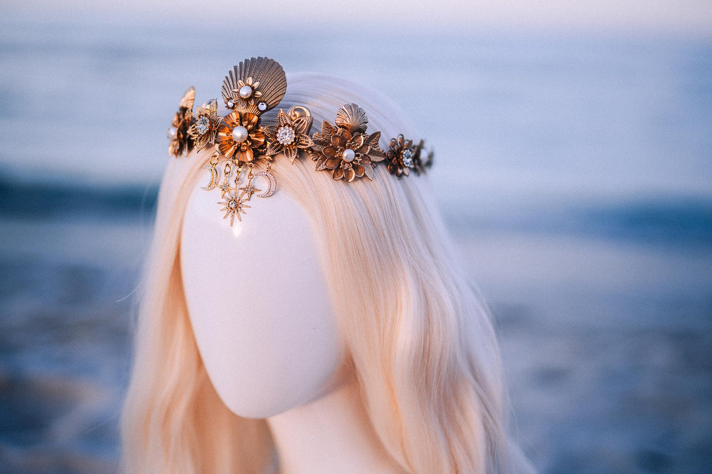 Celestial Seashell Bridal Tiara Gold Wedding Crown Moon Star Headpiece