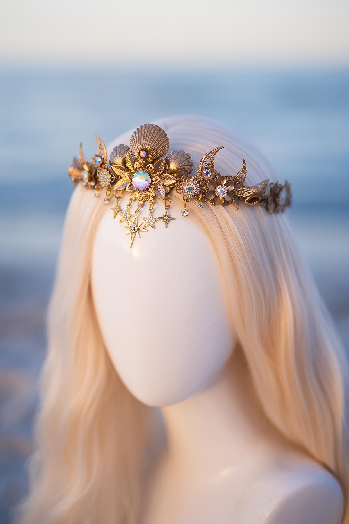 Celestial Moon Bridal Tiara Gold Wedding Crown Star Headpiece Beach Bride