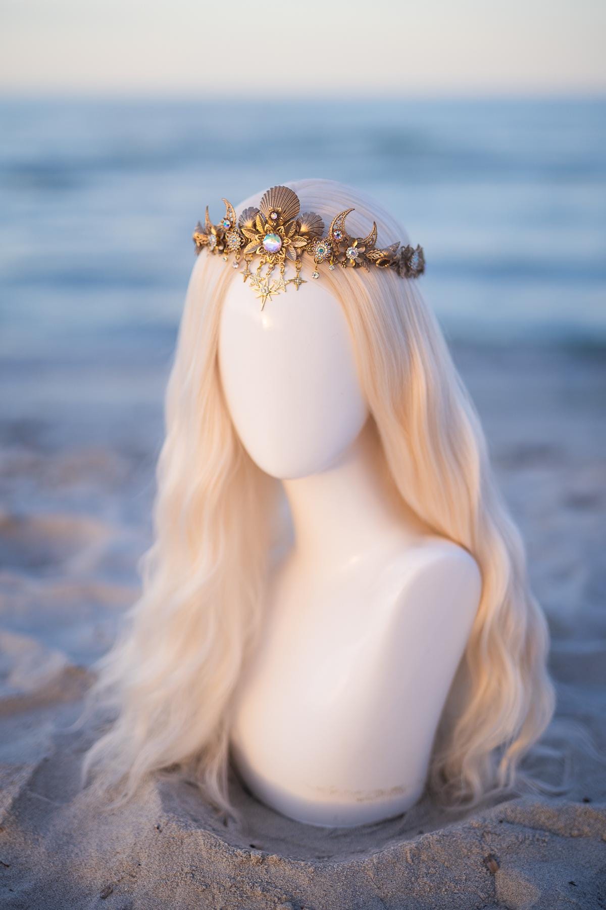 Celestial Moon Bridal Tiara Gold Wedding Crown Star Headpiece Beach Bride