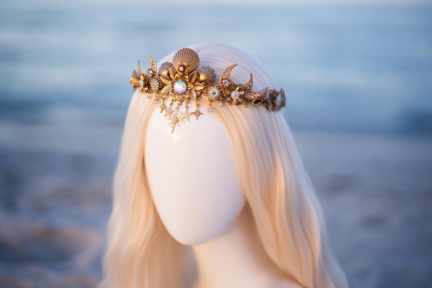 Celestial Moon Bridal Tiara Gold Wedding Crown Star Headpiece Beach Bride