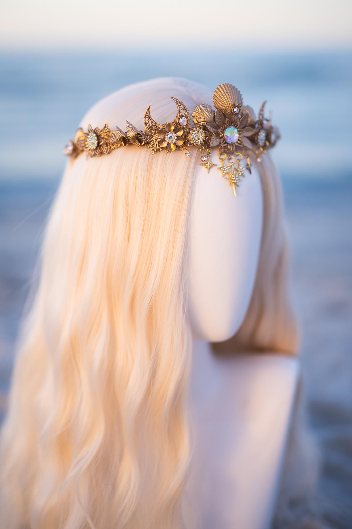 Celestial Moon Bridal Tiara Gold Wedding Crown Star Headpiece Beach Bride