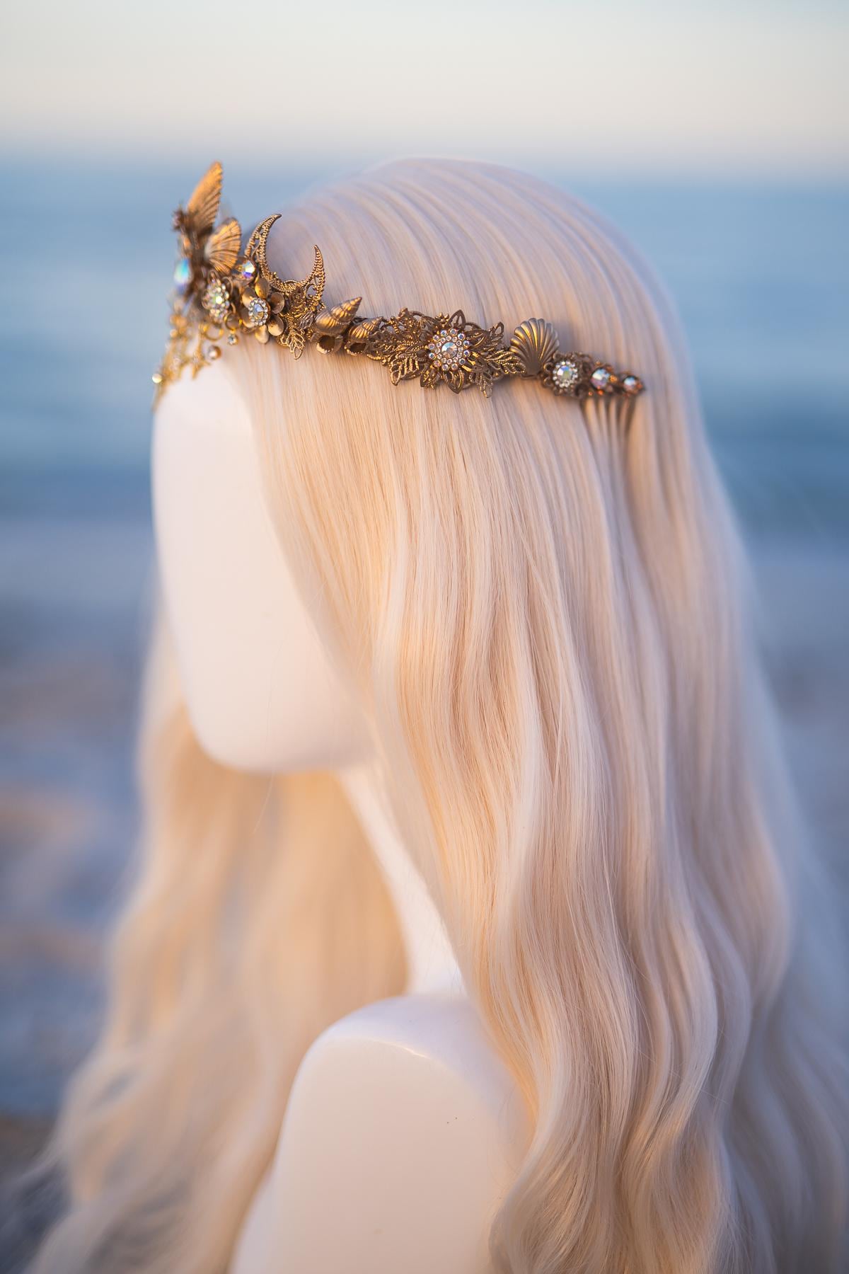 Celestial Moon Bridal Tiara Gold Wedding Crown Star Headpiece Beach Bride