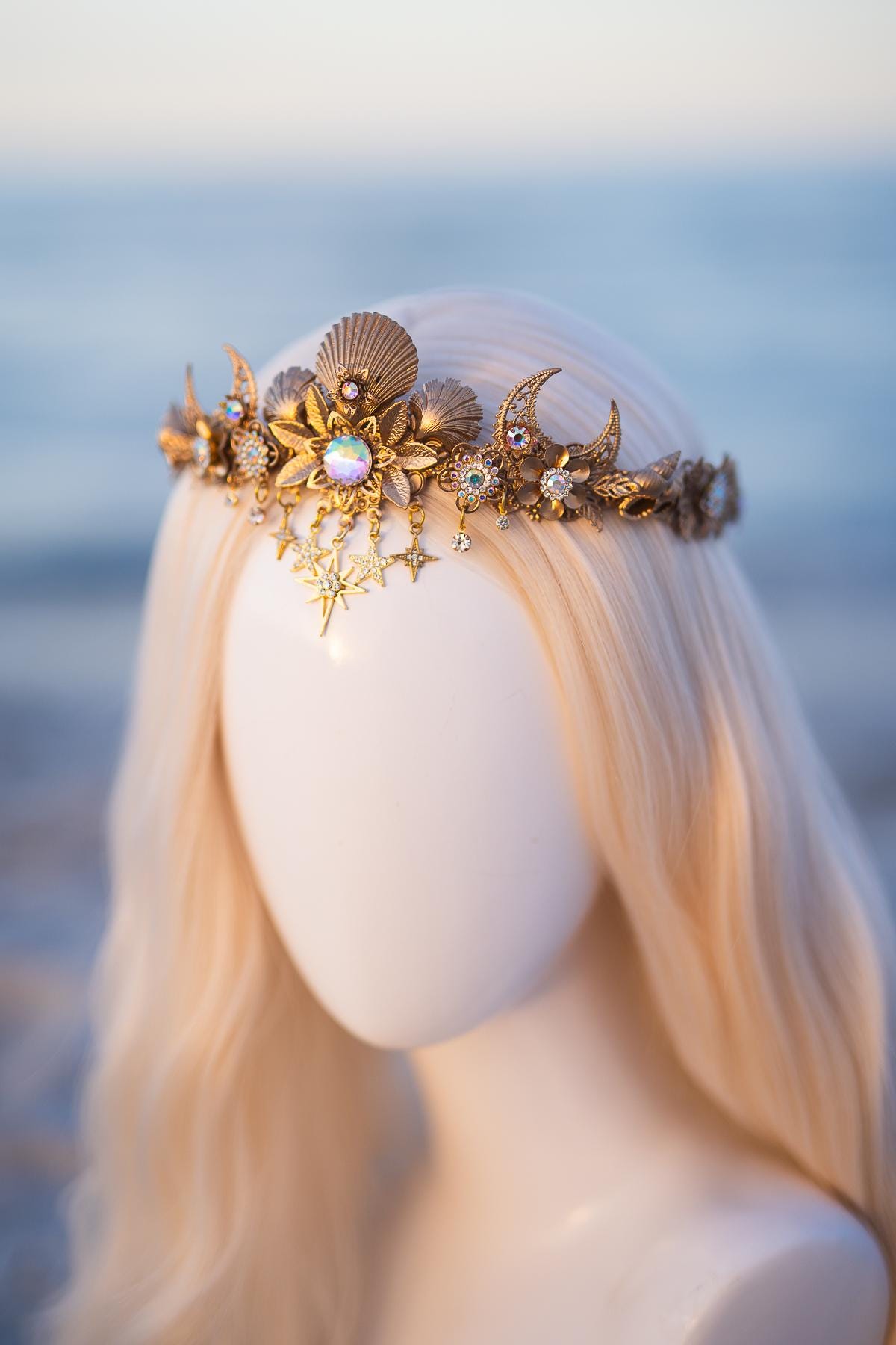 Celestial Moon Bridal Tiara Gold Wedding Crown Star Headpiece Beach Bride
