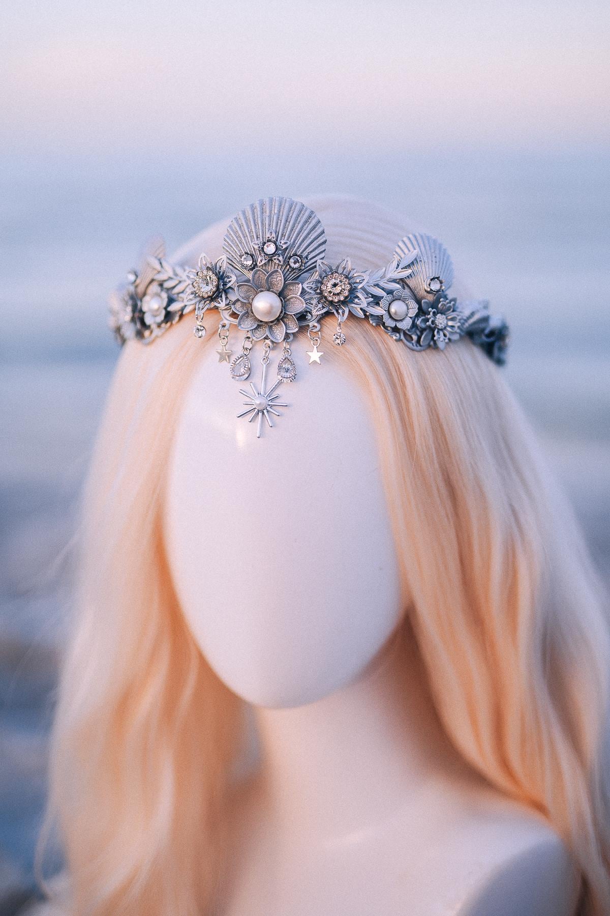 Silver Celestial Seashell Bridal Tiara Beach Wedding Crown Coastal Bride Headpiece