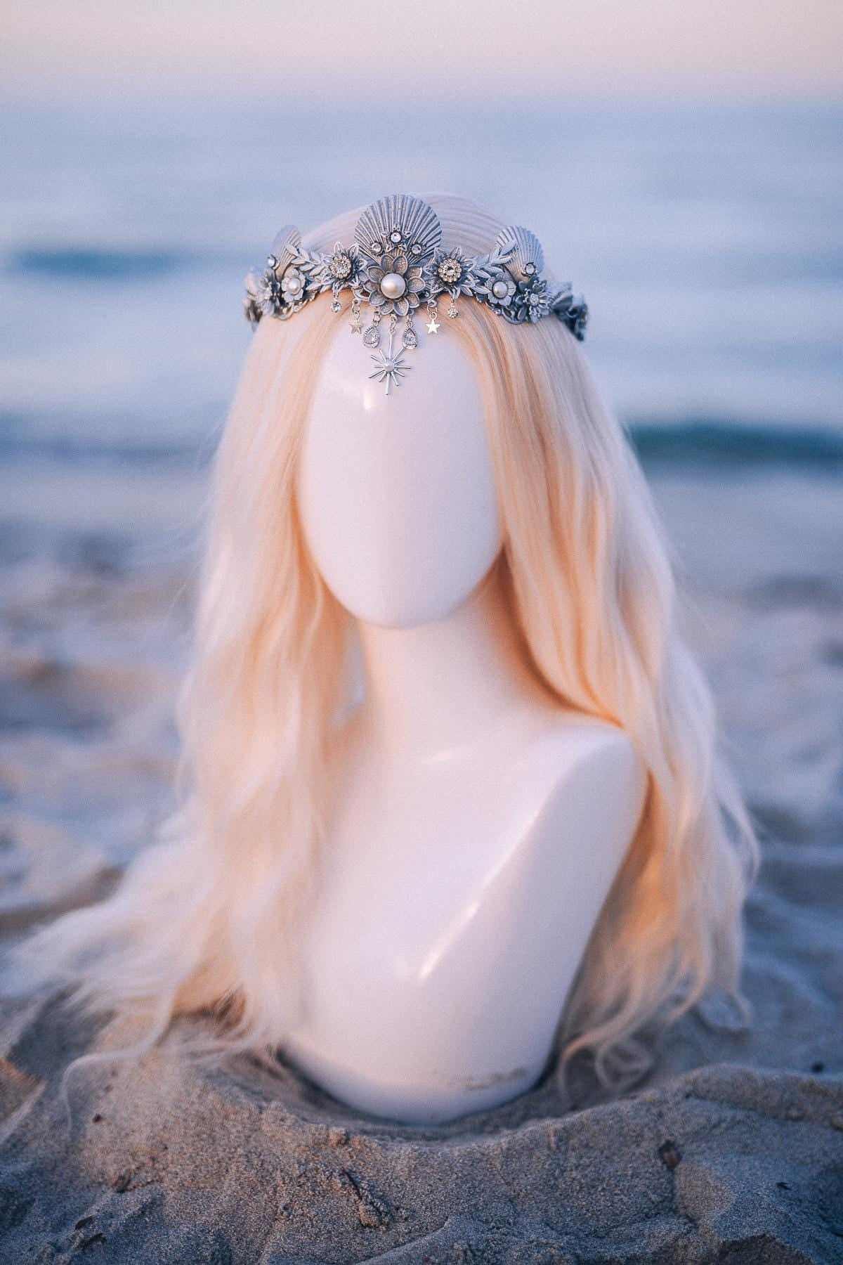 Silver Celestial Seashell Bridal Tiara Beach Wedding Crown Coastal Bride Headpiece