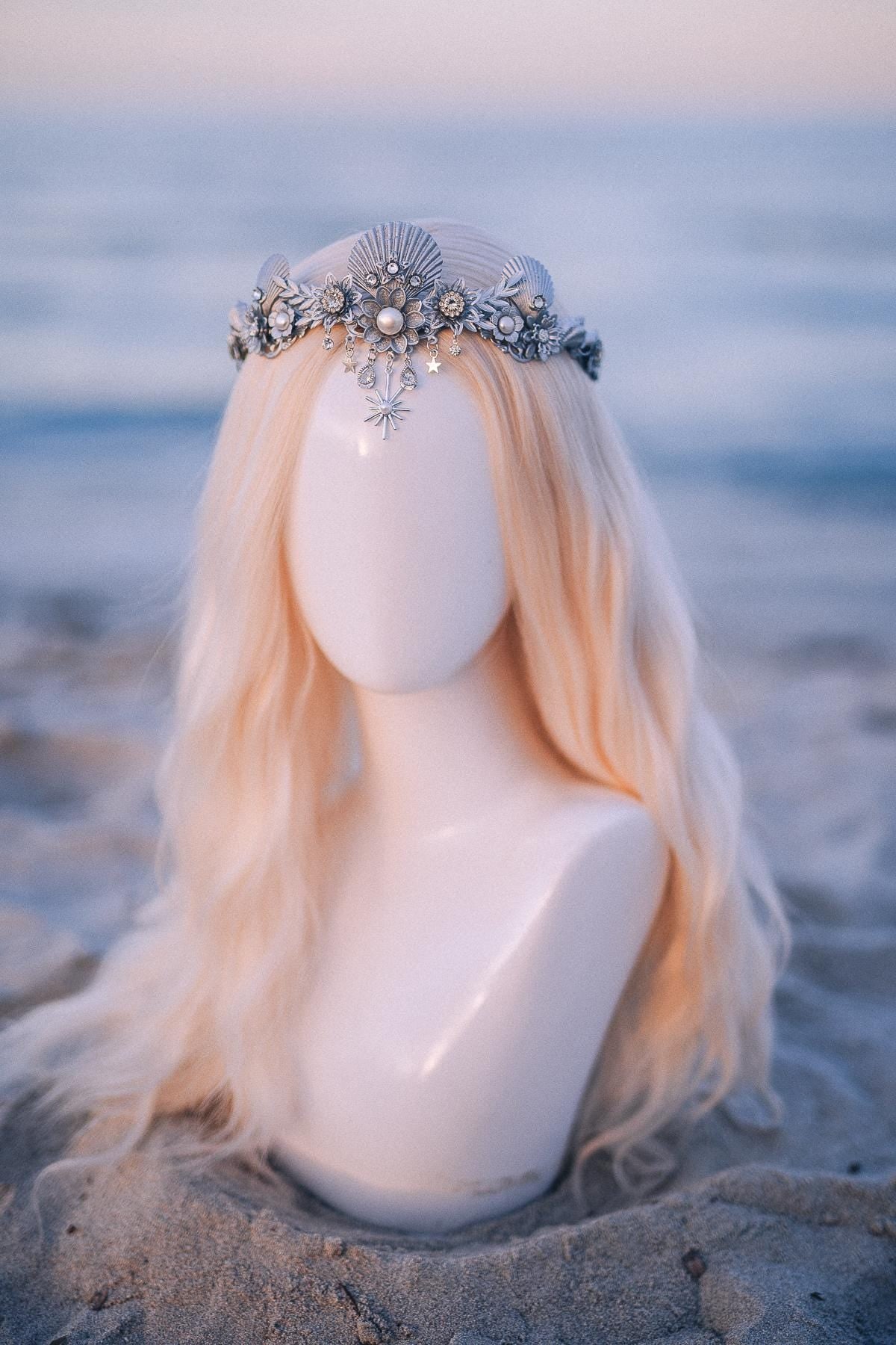 Silver Celestial Seashell Bridal Tiara Beach Wedding Crown Coastal Bride Headpiece