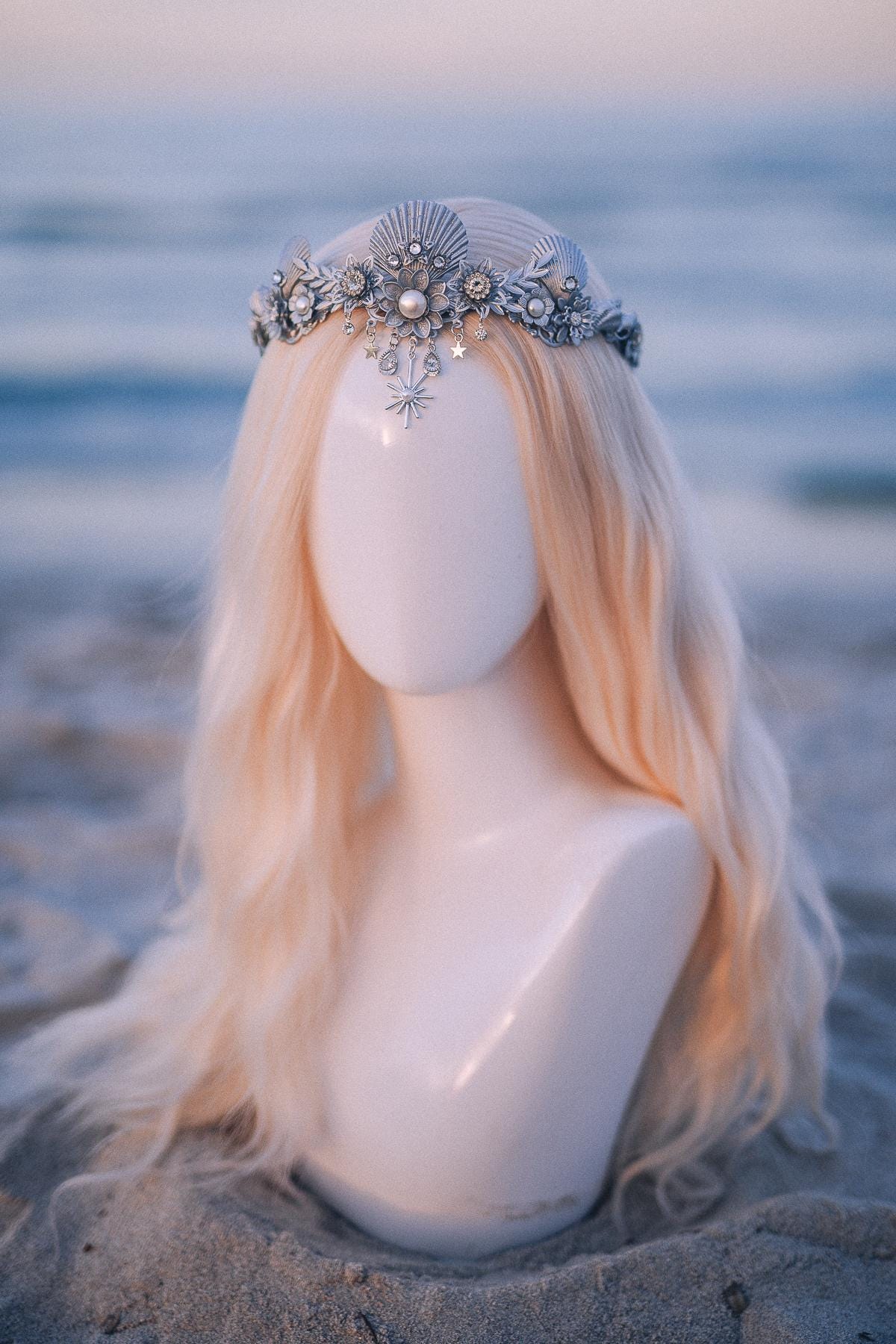 Silver Celestial Seashell Bridal Tiara Beach Wedding Crown Coastal Bride Headpiece