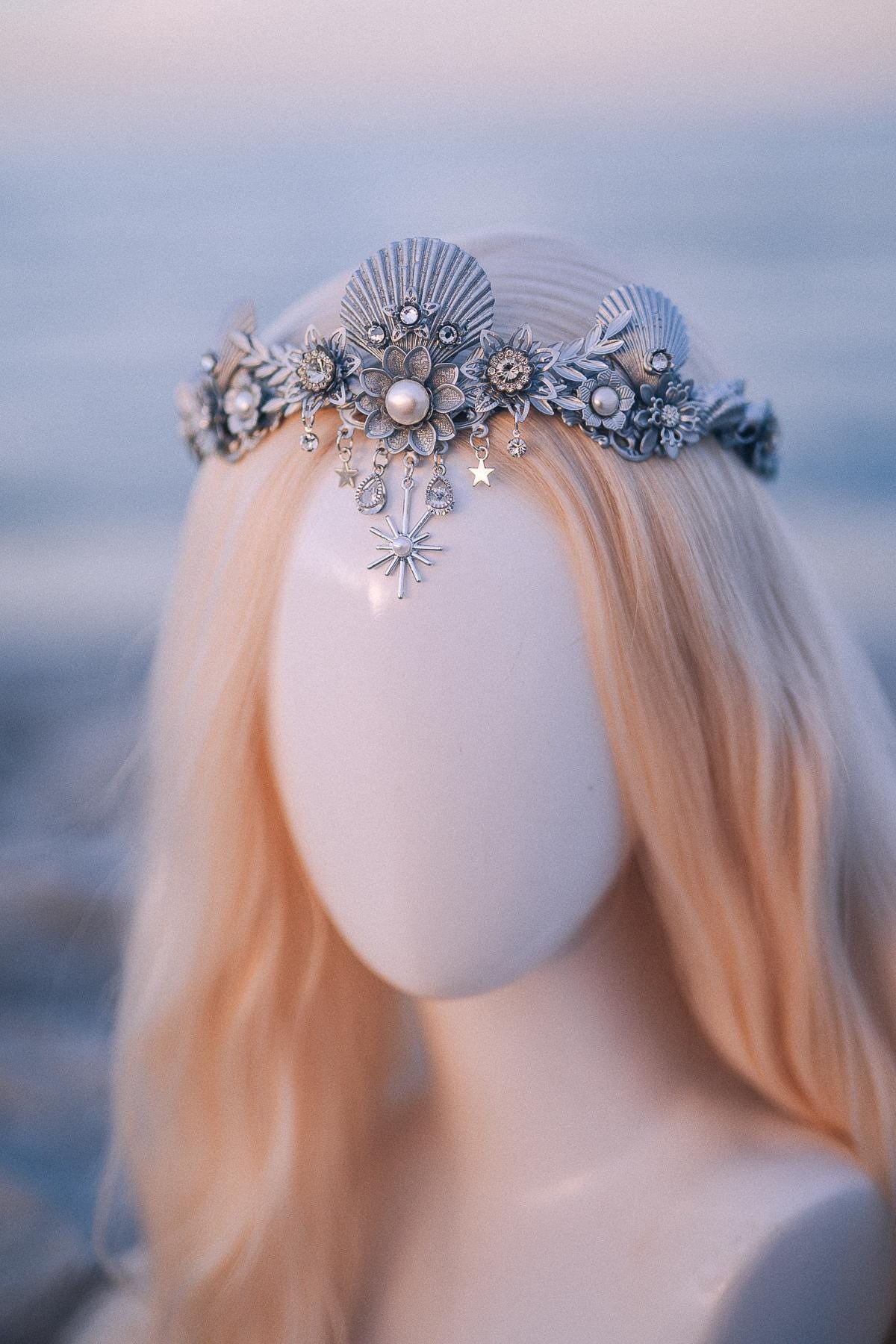 Silver Celestial Seashell Bridal Tiara Beach Wedding Crown Coastal Bride Headpiece
