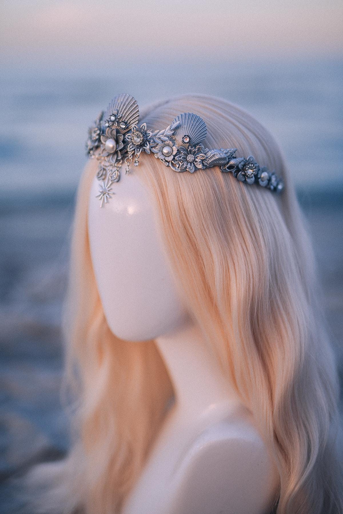 Silver Celestial Seashell Bridal Tiara Beach Wedding Crown Coastal Bride Headpiece