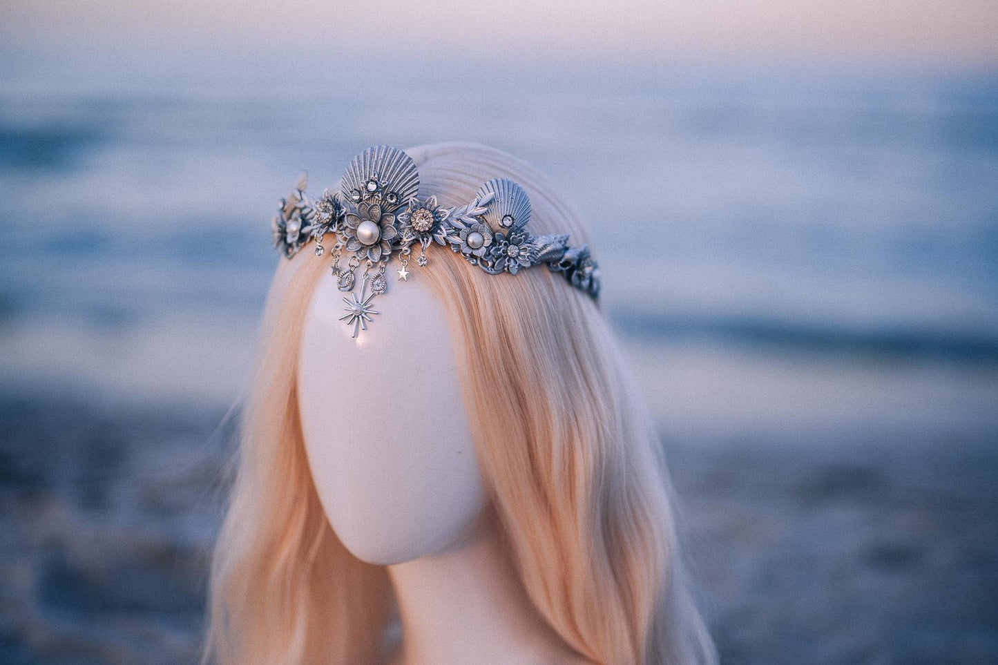 Silver Celestial Seashell Bridal Tiara Beach Wedding Crown Coastal Bride Headpiece