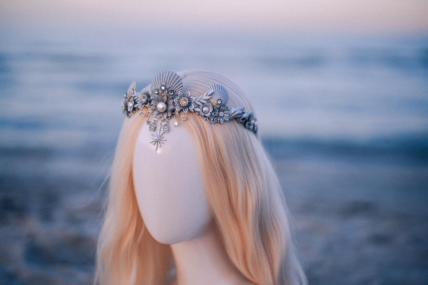 Silver Celestial Seashell Bridal Tiara Beach Wedding Crown Coastal Bride Headpiece