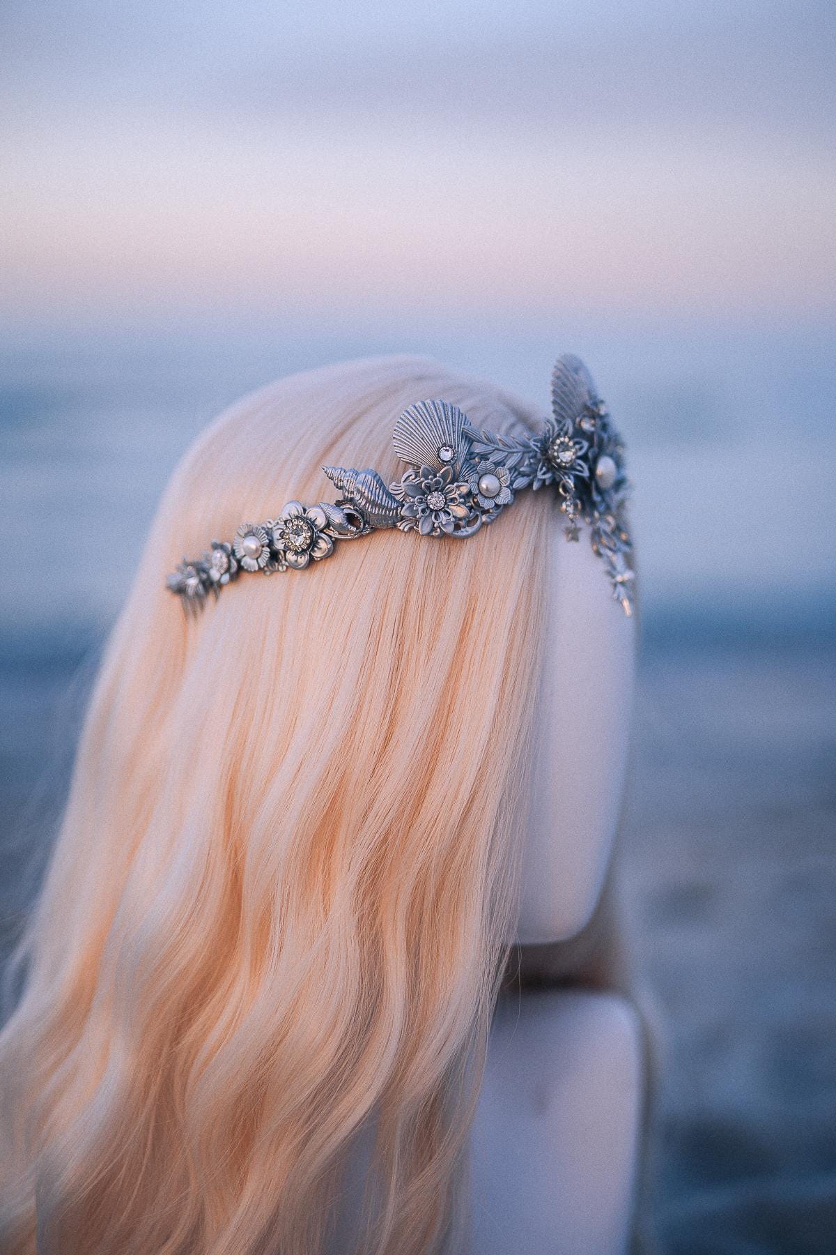 Silver Celestial Seashell Bridal Tiara Beach Wedding Crown Coastal Bride Headpiece