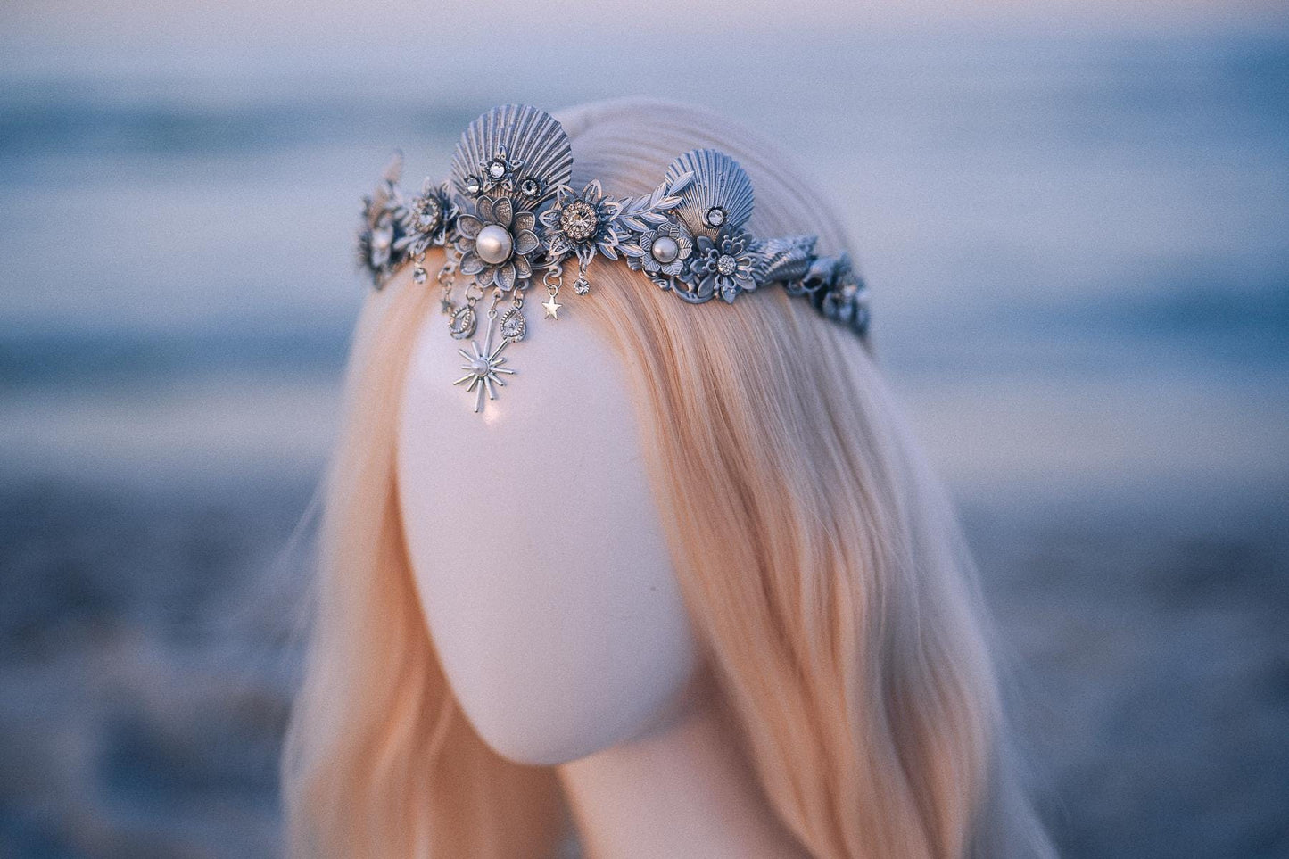 Silver Celestial Seashell Bridal Tiara Beach Wedding Crown Coastal Bride Headpiece