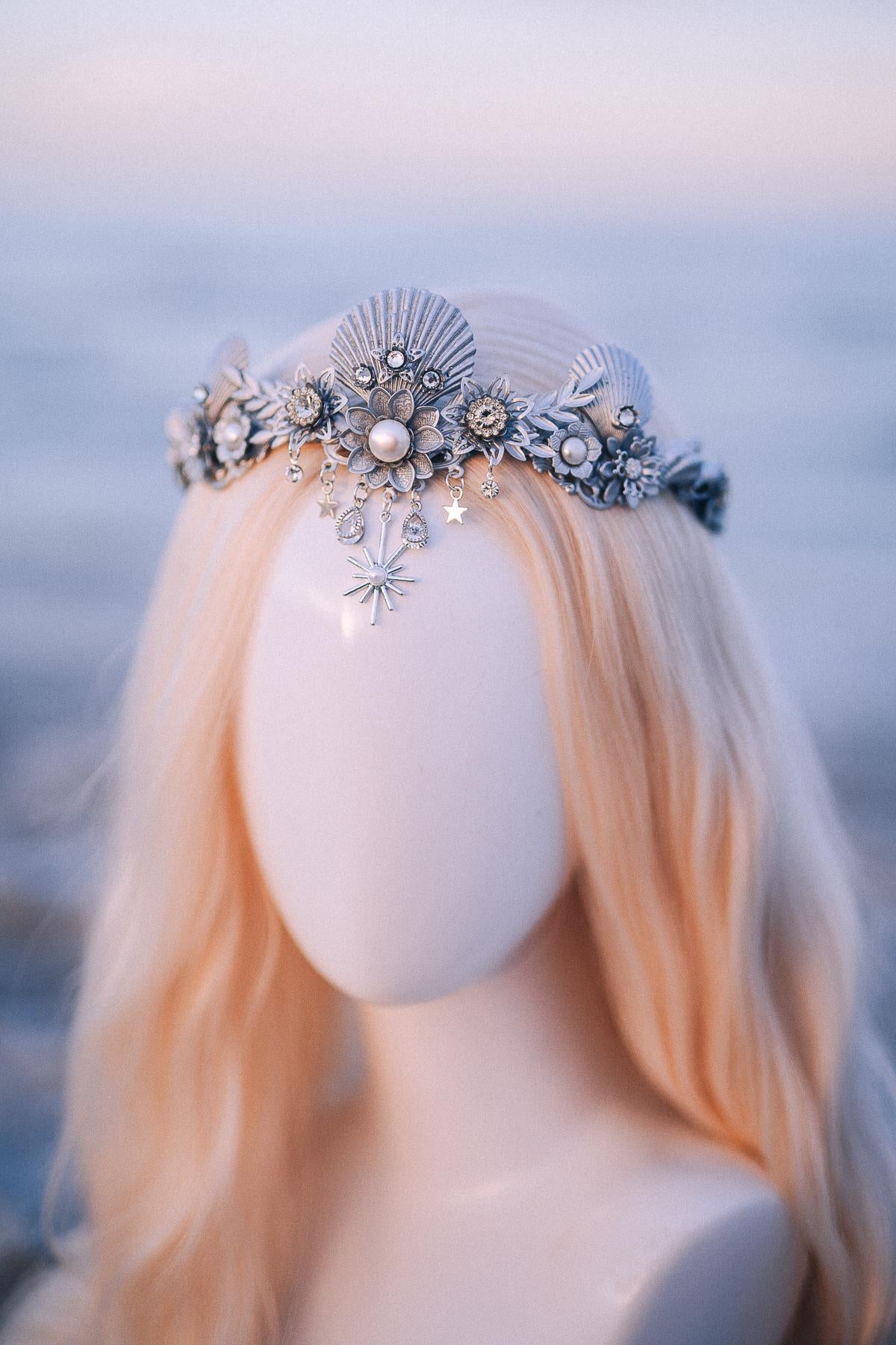 Silver Celestial Seashell Bridal Tiara Beach Wedding Crown Coastal Bride Headpiece