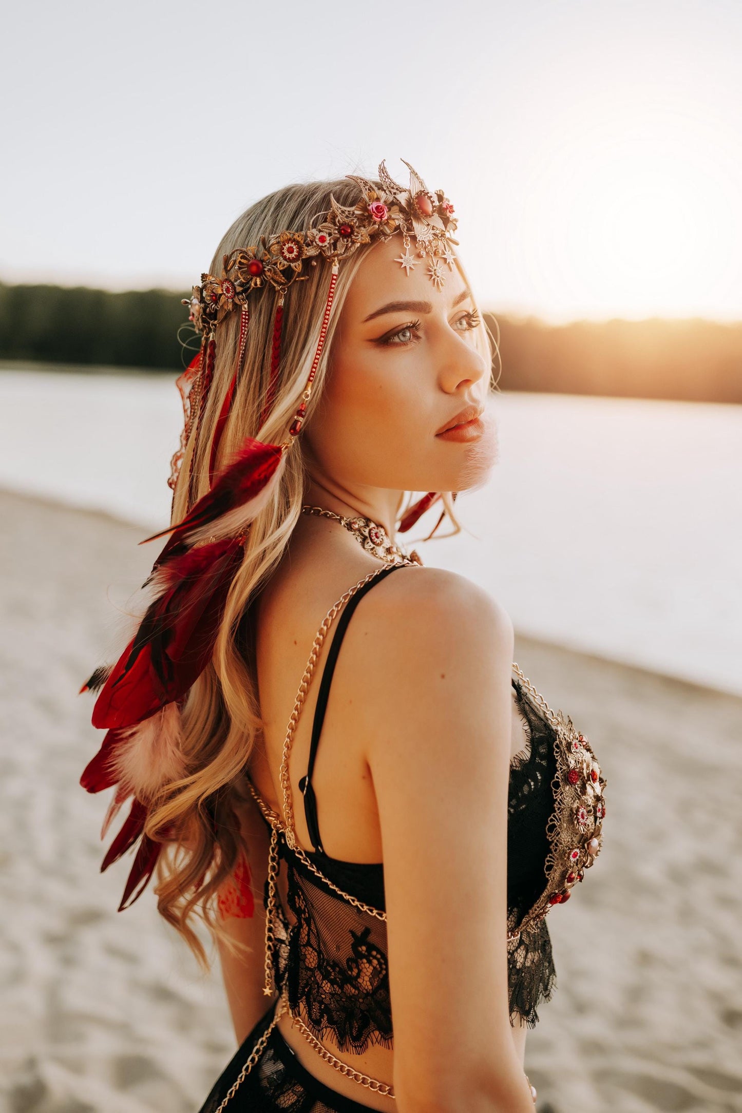 Ruby Moon Goddess Headpiece Festival Crown Celestial Floral Headpiece