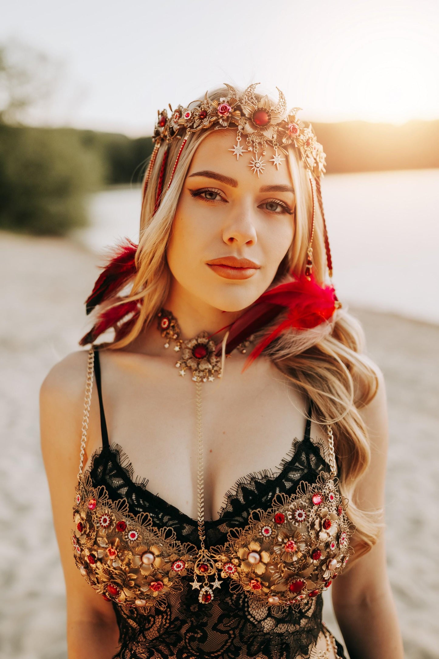 Ruby Moon Goddess Headpiece Festival Crown Celestial Floral Headpiece