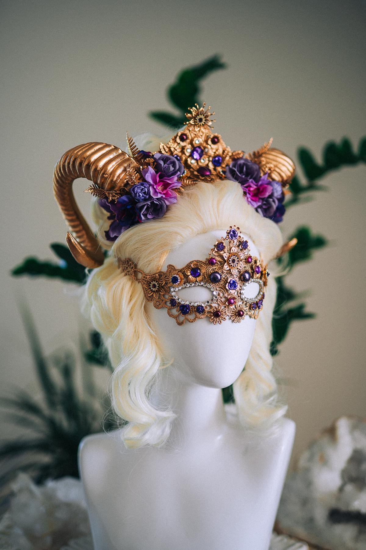Aries Ram Crown, Fantasy Goddess Crown, Zodiac Headpiece, Horn Crown, Purple Gold Crown, Masquerade Crown, Renaissance Headpiece